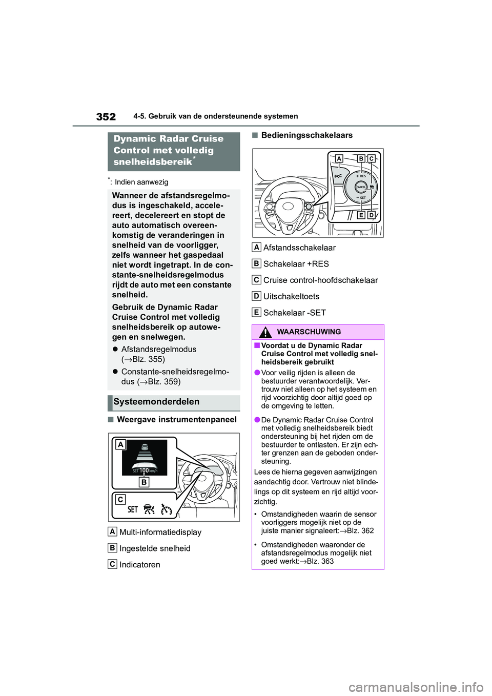 TOYOTA RAV4 2019 Instructieboekje (in Dutch) 3524-5. Gebruik van de ondersteunende systemen
*: Indien aanwezig
■Weergave instrumentenpaneelMulti-informatiedisplay
Ingestelde snelheid
Indicatoren
■BedieningsschakelaarsAfstandsschakelaar
Schak TOYOTA RAV4 2019 Instructieboekje (in Dutch) 3524-5. Gebruik van de ondersteunende systemen
*: Indien aanwezig
■Weergave instrumentenpaneelMulti-informatiedisplay
Ingestelde snelheid
Indicatoren
■BedieningsschakelaarsAfstandsschakelaar
Schak