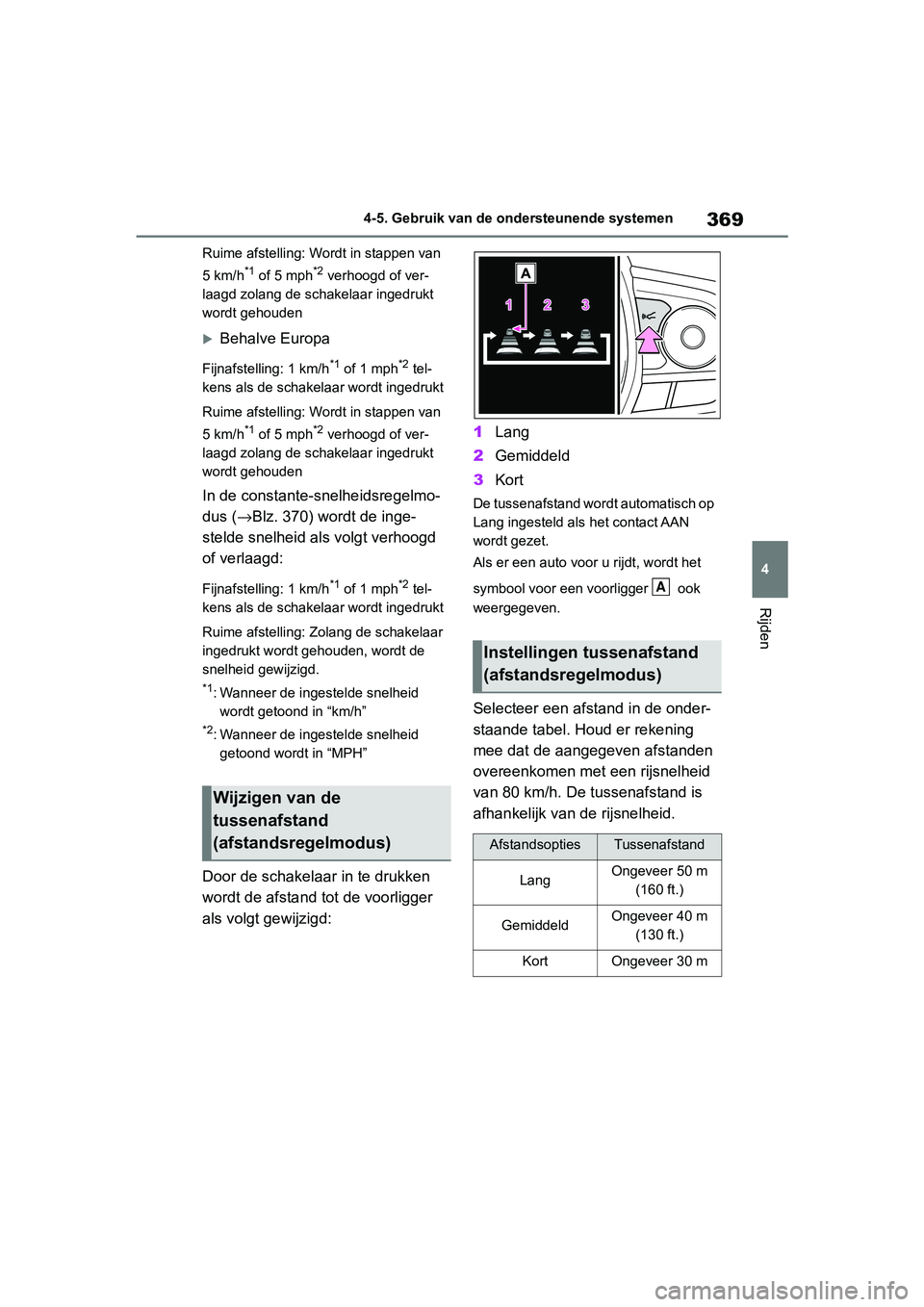 TOYOTA RAV4 2019  Instructieboekje (in Dutch) 369
4
4-5. Gebruik van de ondersteunende systemen
Rijden
Ruime afstelling: Wordt in stappen van 
5 km/h
*1 of 5 mph*2 verhoogd of ver-
laagd zolang de schakelaar ingedrukt 
wordt gehouden
Behalve E