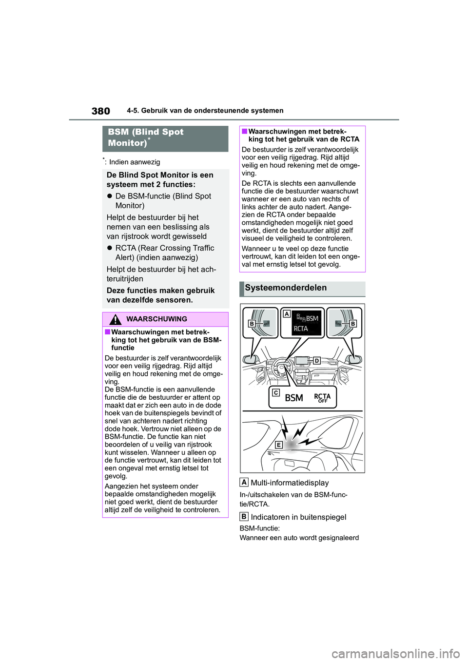 TOYOTA RAV4 2019 Instructieboekje (in Dutch) 3804-5. Gebruik van de ondersteunende systemen
*: Indien aanwezig
Multi-informatiedisplay
In-/uitschakelen van de BSM-func-
tie/RCTA.
Indicatoren in buitenspiegel
BSM-functie:
Wanneer een auto wordt g TOYOTA RAV4 2019 Instructieboekje (in Dutch) 3804-5. Gebruik van de ondersteunende systemen
*: Indien aanwezig
Multi-informatiedisplay
In-/uitschakelen van de BSM-func-
tie/RCTA.
Indicatoren in buitenspiegel
BSM-functie:
Wanneer een auto wordt g