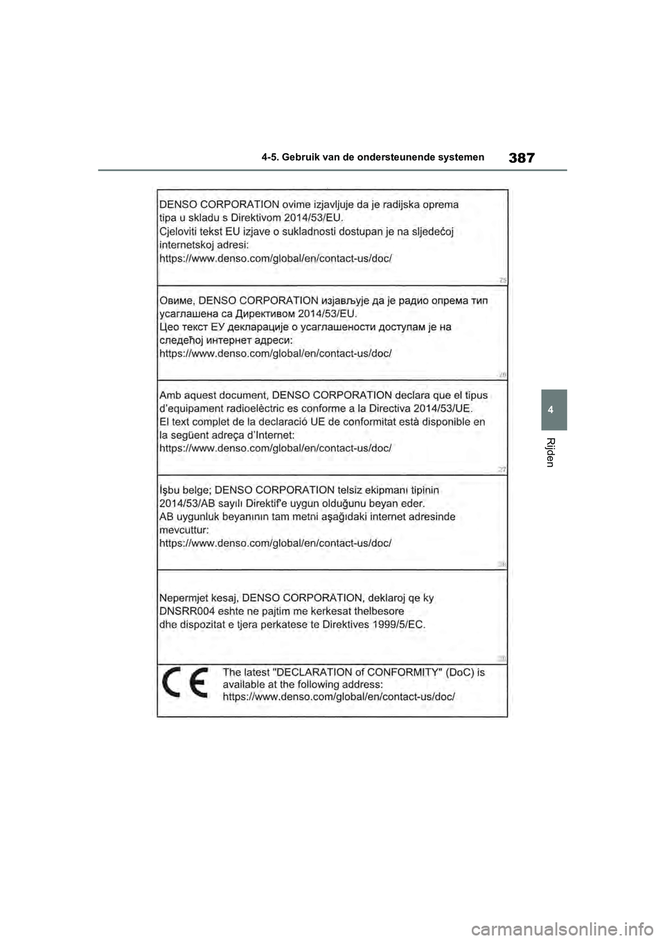 TOYOTA RAV4 2019 Instructieboekje (in Dutch) 387
4
4-5. Gebruik van de ondersteunende systemen
Rijden
pM_RAV4_OM_OM42D03E_(EE).book P
age 387 Wednesday, March 20, 2019 2:08 PM TOYOTA RAV4 2019 Instructieboekje (in Dutch) 387
4
4-5. Gebruik van de ondersteunende systemen
Rijden
pM_RAV4_OM_OM42D03E_(EE).book P
age 387 Wednesday, March 20, 2019 2:08 PM