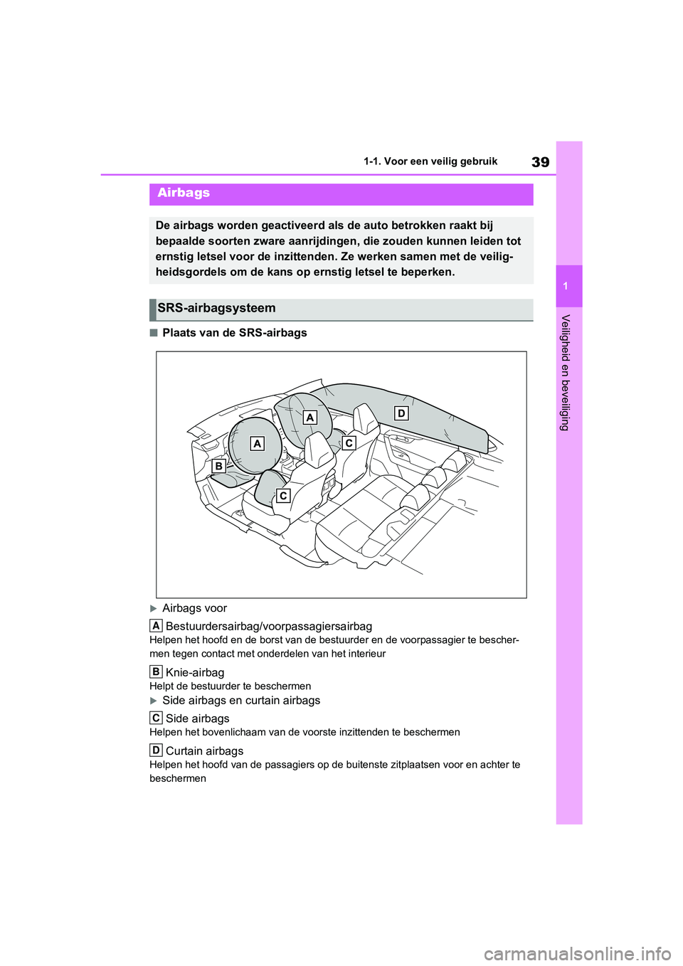 TOYOTA RAV4 2019  Instructieboekje (in Dutch) 39
1
1-1. Voor een veilig gebruik
Veiligheid en beveiliging
■Plaats van de SRS-airbags
Airbags voor
Bestuurdersairbag/voorpassagiersairbag
Helpen het hoofd en de  borst van de bestuurder en de vo