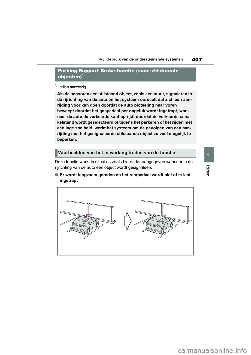 TOYOTA RAV4 2019 Instructieboekje (in Dutch) 407
4
4-5. Gebruik van de ondersteunende systemen
Rijden
*: Indien aanwezig
Deze functie werkt in situaties
zoals hieronder aangegeven wann eer in de
rijrichting van de auto een object wordt gesign TOYOTA RAV4 2019 Instructieboekje (in Dutch) 407
4
4-5. Gebruik van de ondersteunende systemen
Rijden
*: Indien aanwezig
Deze functie werkt in situaties
zoals hieronder aangegeven wann eer in de
rijrichting van de auto een object wordt gesign