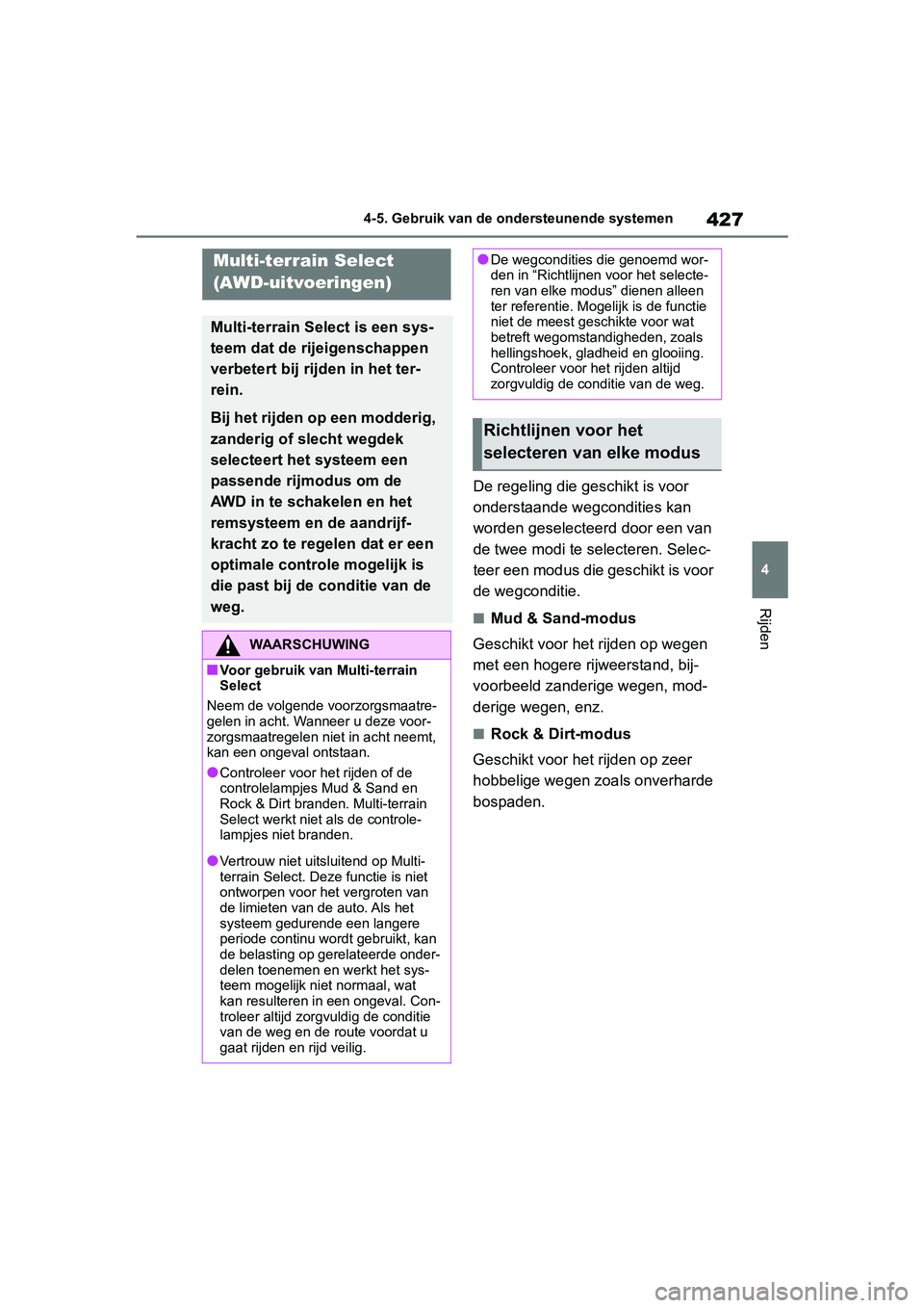 TOYOTA RAV4 2019 Instructieboekje (in Dutch) 427
4
4-5. Gebruik van de ondersteunende systemen
Rijden
De regeling die geschikt is voor
onderstaande wegcondities kan
worden geselecteerd door een van
de twee modi te selecteren. Selec-
teer een TOYOTA RAV4 2019 Instructieboekje (in Dutch) 427
4
4-5. Gebruik van de ondersteunende systemen
Rijden
De regeling die geschikt is voor
onderstaande wegcondities kan
worden geselecteerd door een van
de twee modi te selecteren. Selec-
teer een