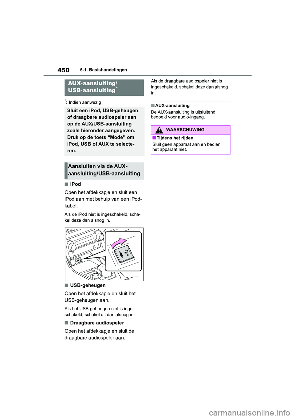 TOYOTA RAV4 2019 Instructieboekje (in Dutch) 4505-1. Basishandelingen
*: Indien aanwezig
■iPod
Open het afdekkapj e en sluit een
iPod aan met behulp van een iPod-
kabel.
Als de iPod niet is ingeschakeld, scha-
kel deze dan alsnog in.
■USB-g TOYOTA RAV4 2019 Instructieboekje (in Dutch) 4505-1. Basishandelingen
*: Indien aanwezig
■iPod
Open het afdekkapj e en sluit een
iPod aan met behulp van een iPod-
kabel.
Als de iPod niet is ingeschakeld, scha-
kel deze dan alsnog in.
■USB-g