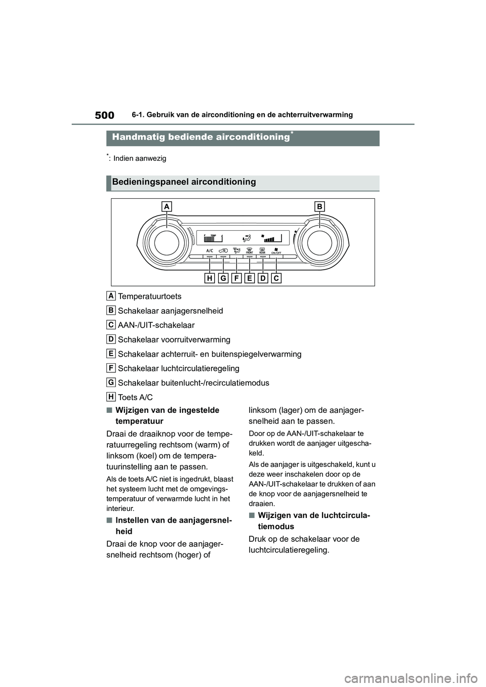 TOYOTA RAV4 2019 Instructieboekje (in Dutch) 5006-1. Gebruik van de airconditioning en de achterruitverwarming
6-1.Gebruik van de airconditioning en de achterruitverwarming
*: Indien aanwezig
Temperatuurtoets
Schakelaar aanjagersnelheid
AAN-/UIT TOYOTA RAV4 2019 Instructieboekje (in Dutch) 5006-1. Gebruik van de airconditioning en de achterruitverwarming
6-1.Gebruik van de airconditioning en de achterruitverwarming
*: Indien aanwezig
Temperatuurtoets
Schakelaar aanjagersnelheid
AAN-/UIT