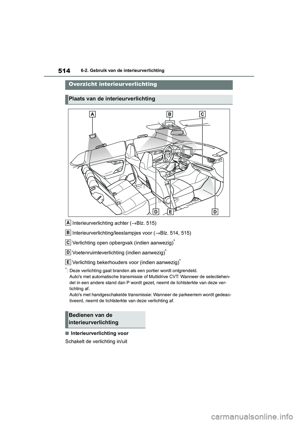 TOYOTA RAV4 2019  Instructieboekje (in Dutch) 5146-2. Gebruik van de interieurverlichting
6-2.Gebruik van de interieurverlichting
Interieurverlichting achter (→Blz. 515)
Interieurverlichting/leeslampjes voor ( →Blz. 514, 515)
Verlichting open