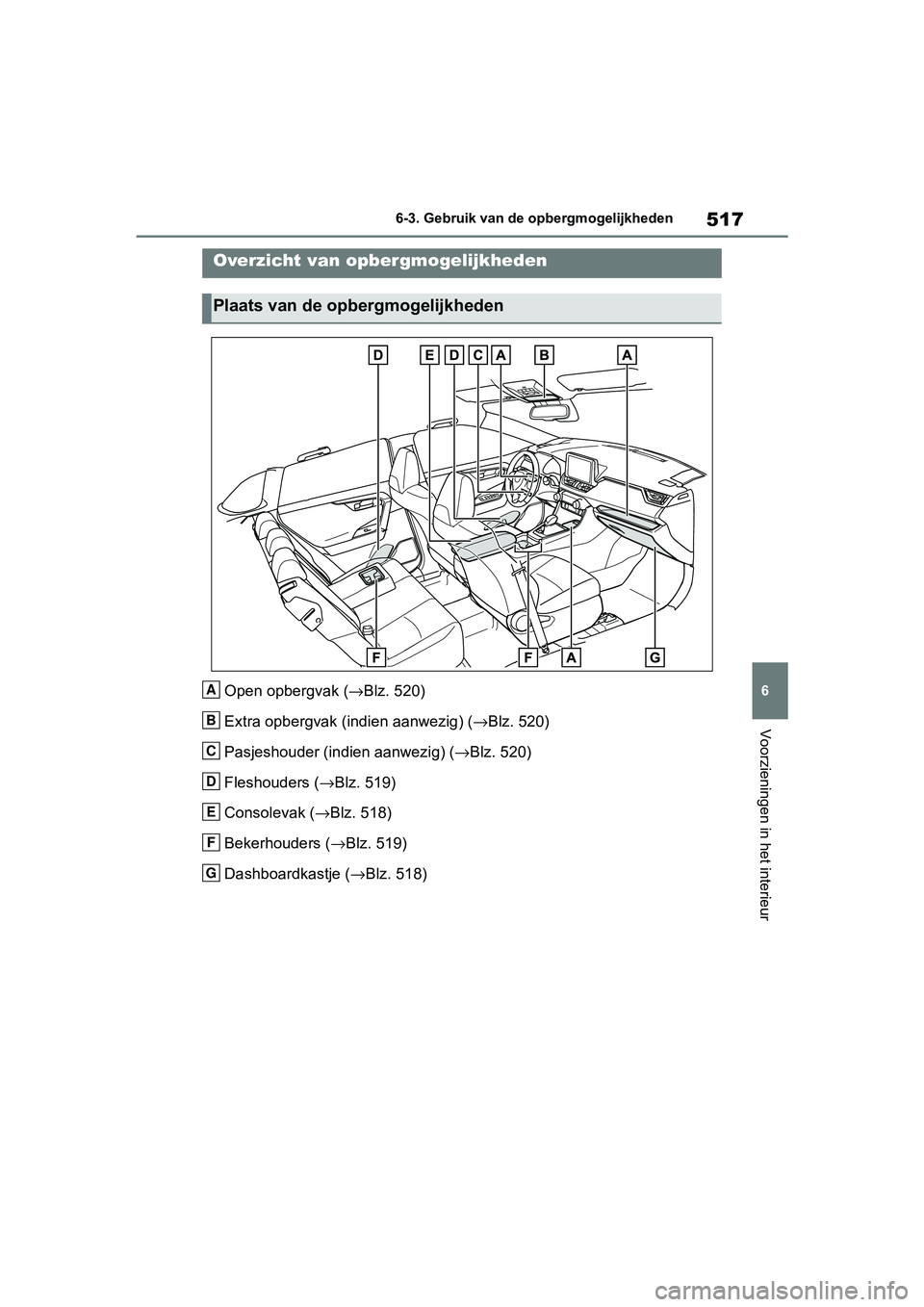 TOYOTA RAV4 2019  Instructieboekje (in Dutch) 517
6
6-3. Gebruik van de opbergmogelijkheden
Voorzieningen in het interieur
6-3.Gebruik van de opbergmogelijkheden
Open opbergvak (
→Blz. 520)
Extra opbergvak (indien aanwezig) ( →Blz. 520)
Pasje
