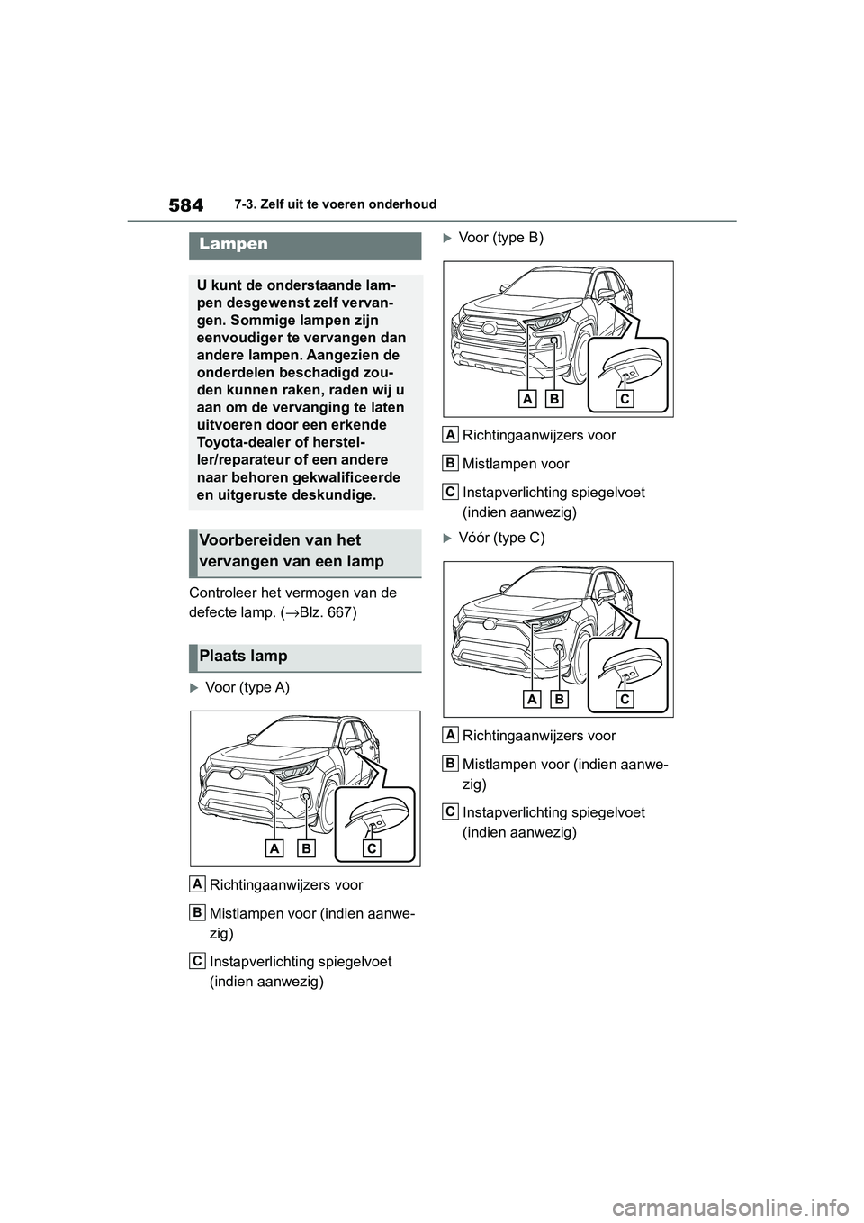 TOYOTA RAV4 2019  Instructieboekje (in Dutch) 5847-3. Zelf uit te voeren onderhoud
Controleer het vermogen van de 
defecte lamp. ( →Blz. 667)
Voor (type A)
Richtingaanwijzers voor
Mistlampen voor (indien aanwe-
zig)
Instapverlichting spiegel