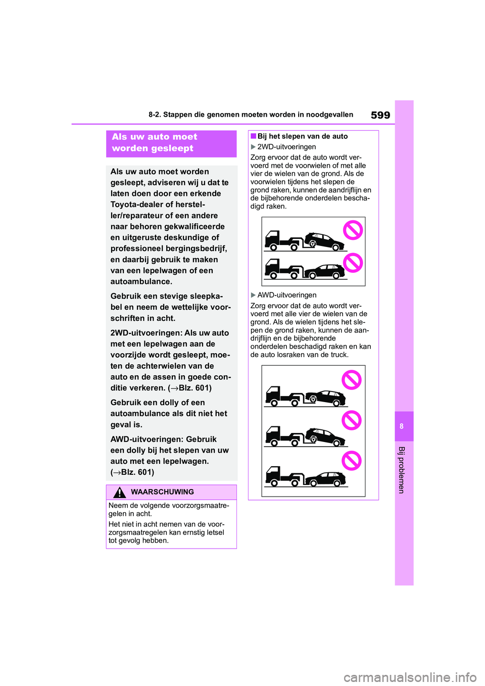 TOYOTA RAV4 2019 Instructieboekje (in Dutch) 599
8
8-2. Stappen die genomen moeten worden in noodgevallen
Bij problemen
8-2.Stappen die genomen moeten worden in noodgevallen
Als uw auto moet
worden gesleept
Als uw auto moet worden
gesleept, ad TOYOTA RAV4 2019 Instructieboekje (in Dutch) 599
8
8-2. Stappen die genomen moeten worden in noodgevallen
Bij problemen
8-2.Stappen die genomen moeten worden in noodgevallen
Als uw auto moet
worden gesleept
Als uw auto moet worden
gesleept, ad