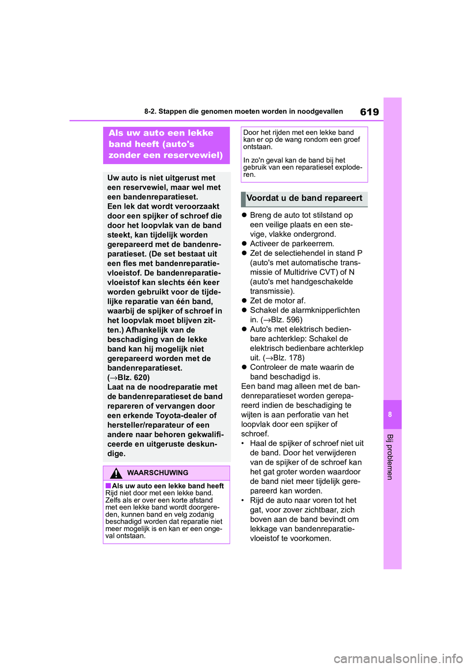 TOYOTA RAV4 2019  Instructieboekje (in Dutch) 619
8
8-2. Stappen die genomen moeten worden in noodgevallen
Bij problemen

Breng de auto tot stilstand op 
een veilige plaats en een ste-
vige, vlakke ondergrond.
 Activeer de parkeerrem.
 Z