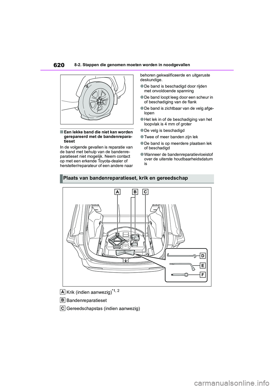 TOYOTA RAV4 2019 Instructieboekje (in Dutch) 6208-2. Stappen die genomen moeten worden in noodgevallen
■Een lekke band die niet kan worden
gerepareerd met de bandenrepara-
tieset
In de volgende gevallen is reparatie van
de band met behulp va TOYOTA RAV4 2019 Instructieboekje (in Dutch) 6208-2. Stappen die genomen moeten worden in noodgevallen
■Een lekke band die niet kan worden
gerepareerd met de bandenrepara-
tieset
In de volgende gevallen is reparatie van
de band met behulp va
