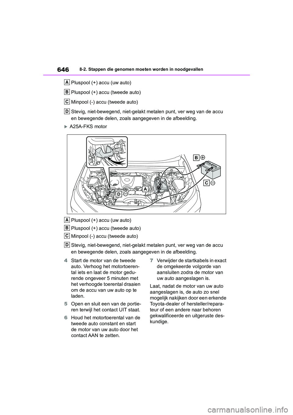 TOYOTA RAV4 2019 Instructieboekje (in Dutch) 6468-2. Stappen die genomen moeten worden in noodgevallen
Pluspool (+) accu (uw auto)
Pluspool (+) accu (tweede auto)
Minpool (-) accu (tweede auto)
Stevig, niet-bewegend, niet-gelakt metalen punt, ve TOYOTA RAV4 2019 Instructieboekje (in Dutch) 6468-2. Stappen die genomen moeten worden in noodgevallen
Pluspool (+) accu (uw auto)
Pluspool (+) accu (tweede auto)
Minpool (-) accu (tweede auto)
Stevig, niet-bewegend, niet-gelakt metalen punt, ve