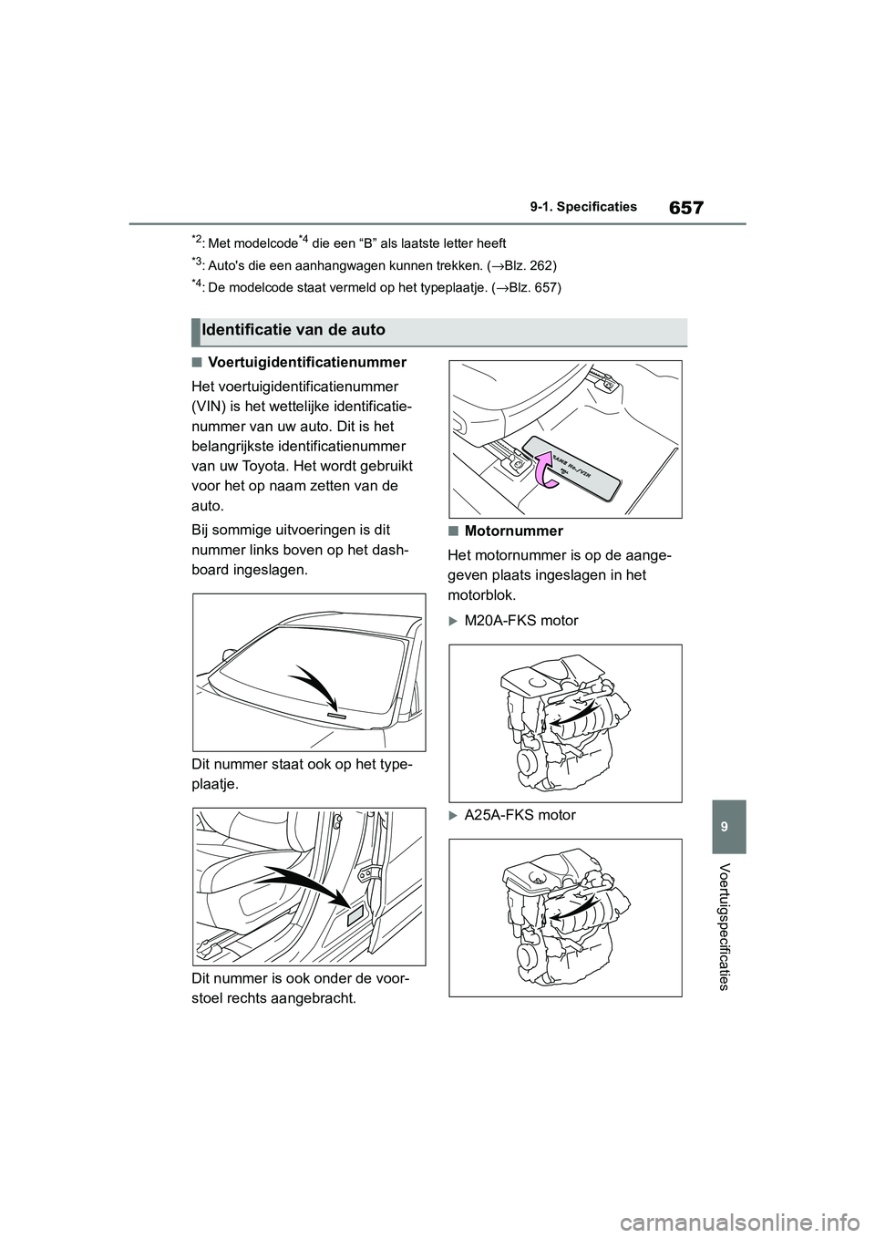 TOYOTA RAV4 2019 Instructieboekje (in Dutch) 657
9
9-1. Specificaties
Voertuigspecificaties
*2: Met modelcode*4 die een “B” als l
aatste letter heeft
*3: Auto's die een aanhangwagen kunnen trekken. ( →Blz. 262)
*4: De modelcode staat v TOYOTA RAV4 2019 Instructieboekje (in Dutch) 657
9
9-1. Specificaties
Voertuigspecificaties
*2: Met modelcode*4 die een “B” als l
aatste letter heeft
*3: Auto's die een aanhangwagen kunnen trekken. ( →Blz. 262)
*4: De modelcode staat v