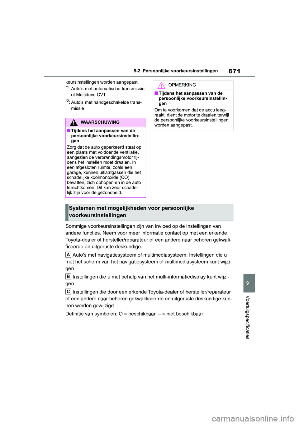 TOYOTA RAV4 2019 Instructieboekje (in Dutch) 671
9
9-2. Persoonlijke vo
orkeursinstellingen
Voertuigspecificaties
keursinstellingen worden aangepast.*1: Auto's met automatische transmissie
of Multidrive CVT
*2: Auto's met handgeschakeld TOYOTA RAV4 2019 Instructieboekje (in Dutch) 671
9
9-2. Persoonlijke vo
orkeursinstellingen
Voertuigspecificaties
keursinstellingen worden aangepast.*1: Auto's met automatische transmissie
of Multidrive CVT
*2: Auto's met handgeschakeld