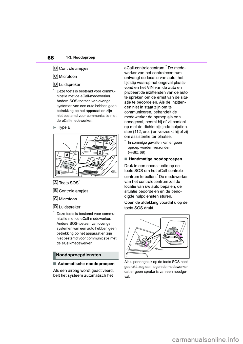 TOYOTA RAV4 2019 Instructieboekje (in Dutch) 681-3. Noodoproep
Controlelampjes
Microfoon
Luidspreker
*: Deze toets is bestemd voor commu-nicatie met de eCall-medewerker.
Andere SOS-toetsen van overige
systemen van een au to hebben geen
betrekk TOYOTA RAV4 2019 Instructieboekje (in Dutch) 681-3. Noodoproep
Controlelampjes
Microfoon
Luidspreker
*: Deze toets is bestemd voor commu-nicatie met de eCall-medewerker.
Andere SOS-toetsen van overige
systemen van een au to hebben geen
betrekk