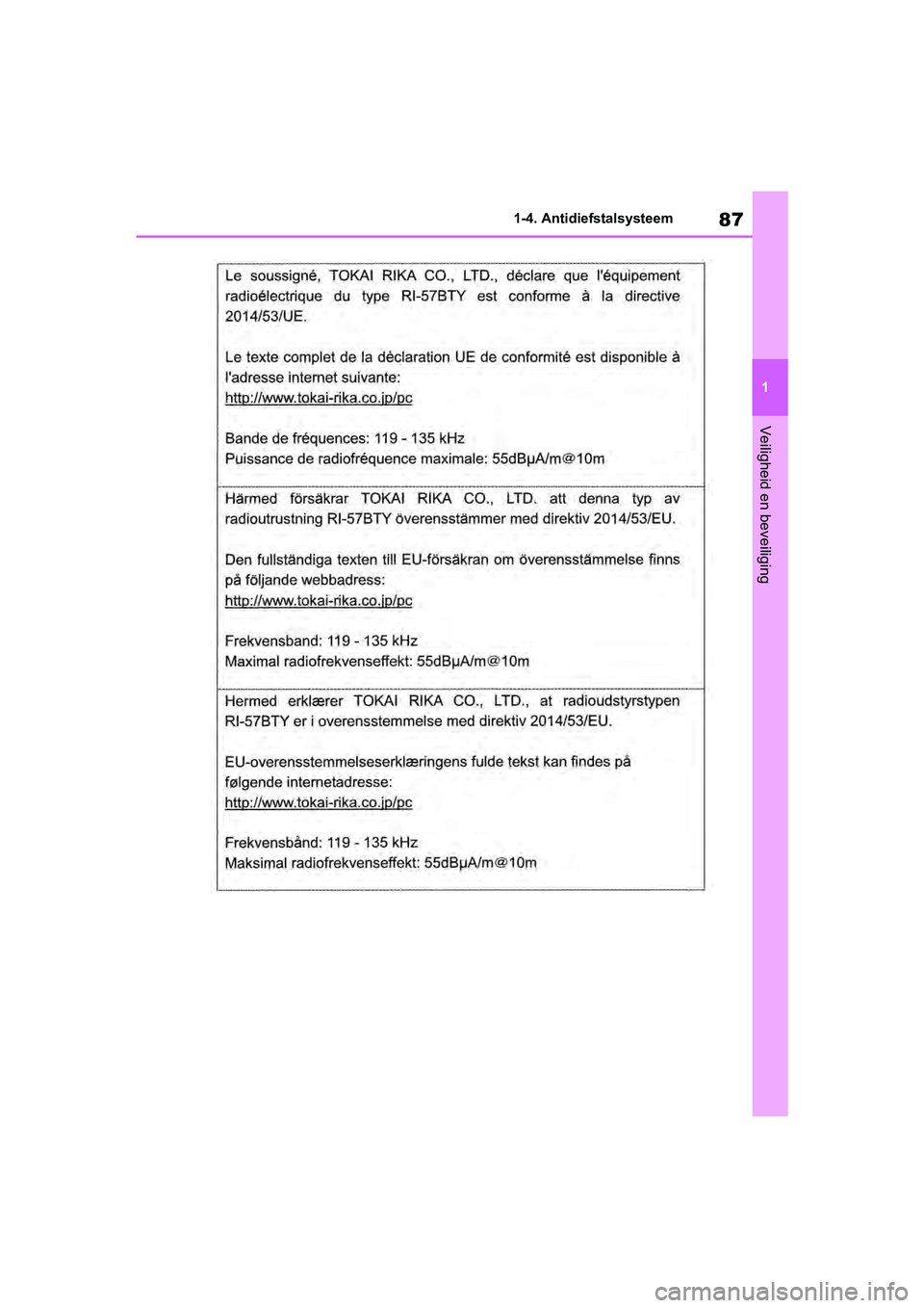 TOYOTA RAV4 2019  Instructieboekje (in Dutch) 87
1
1-4. Antidiefstalsysteem
Veiligheid en beveiliging
pM_RAV4_OM_OM42D03E_(EE).book  P
age 87  Wednesday, March 20, 2019  2:08 PM 