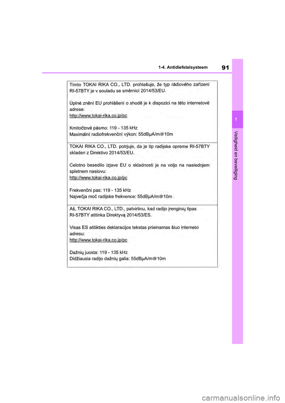 TOYOTA RAV4 2019 Instructieboekje (in Dutch) 91
1
1-4. Antidiefstalsysteem
Veiligheid en beveiliging
pM_RAV4_OM_OM42D03E_(EE).book P
age 91 Wednesday, March 20, 2019 2:08 PM TOYOTA RAV4 2019 Instructieboekje (in Dutch) 91
1
1-4. Antidiefstalsysteem
Veiligheid en beveiliging
pM_RAV4_OM_OM42D03E_(EE).book P
age 91 Wednesday, March 20, 2019 2:08 PM