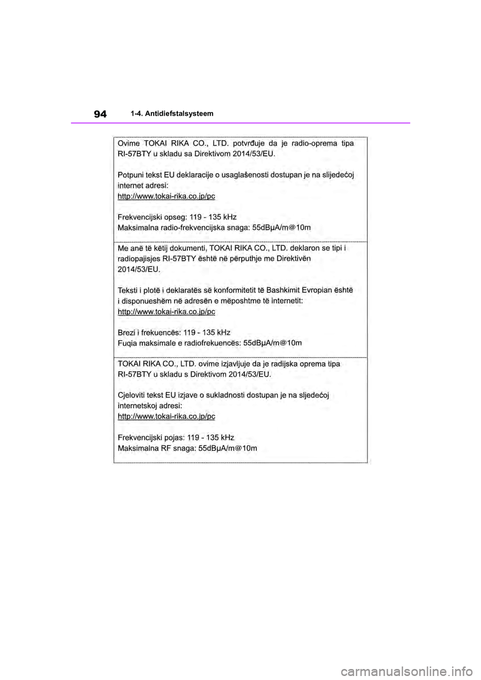 TOYOTA RAV4 2019 Instructieboekje (in Dutch) 941-4. Antidiefstalsysteem
pM_RAV4_OM_OM42D03E_(EE).book Page 94 Wednesday, March 20, 2019 2:08 PM TOYOTA RAV4 2019 Instructieboekje (in Dutch) 941-4. Antidiefstalsysteem
pM_RAV4_OM_OM42D03E_(EE).book Page 94 Wednesday, March 20, 2019 2:08 PM
