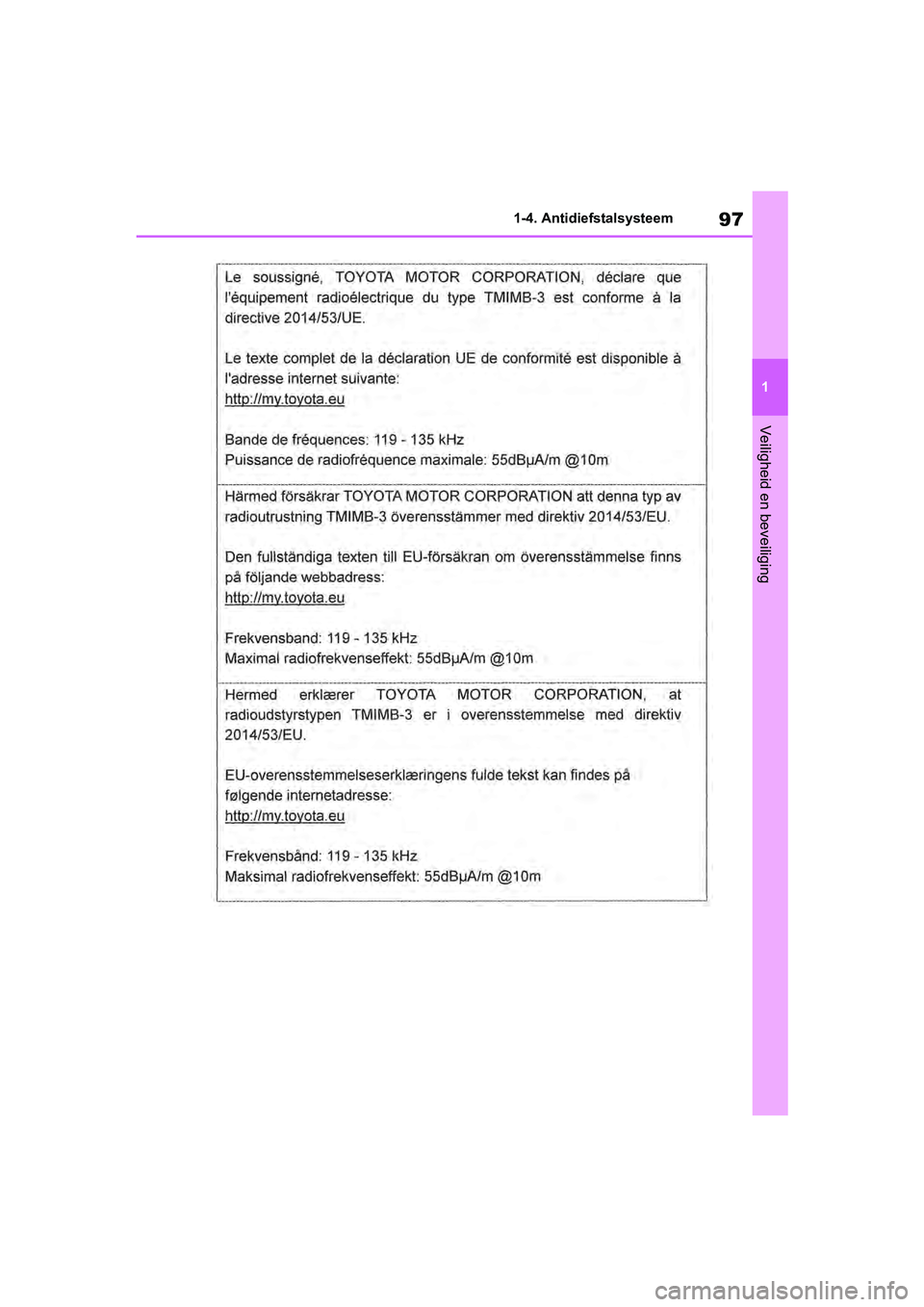 TOYOTA RAV4 2019 Instructieboekje (in Dutch) 97
1
1-4. Antidiefstalsysteem
Veiligheid en beveiliging
pM_RAV4_OM_OM42D03E_(EE).book P
age 97 Wednesday, March 20, 2019 2:08 PM TOYOTA RAV4 2019 Instructieboekje (in Dutch) 97
1
1-4. Antidiefstalsysteem
Veiligheid en beveiliging
pM_RAV4_OM_OM42D03E_(EE).book P
age 97 Wednesday, March 20, 2019 2:08 PM