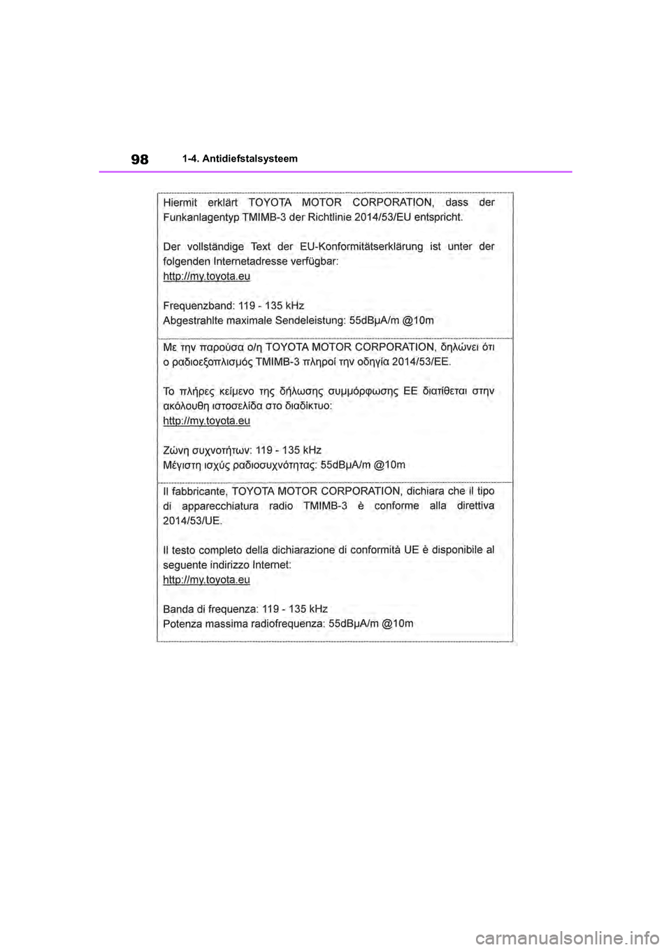 TOYOTA RAV4 2019 Instructieboekje (in Dutch) 981-4. Antidiefstalsysteem
pM_RAV4_OM_OM42D03E_(EE).book Page 98 Wednesday, March 20, 2019 2:08 PM TOYOTA RAV4 2019 Instructieboekje (in Dutch) 981-4. Antidiefstalsysteem
pM_RAV4_OM_OM42D03E_(EE).book Page 98 Wednesday, March 20, 2019 2:08 PM