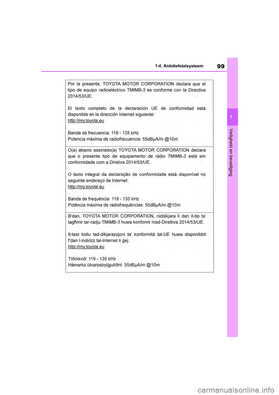 TOYOTA RAV4 2019 Instructieboekje (in Dutch) 99
1
1-4. Antidiefstalsysteem
Veiligheid en beveiliging
pM_RAV4_OM_OM42D03E_(EE).book P
age 99 Wednesday, March 20, 2019 2:08 PM TOYOTA RAV4 2019 Instructieboekje (in Dutch) 99
1
1-4. Antidiefstalsysteem
Veiligheid en beveiliging
pM_RAV4_OM_OM42D03E_(EE).book P
age 99 Wednesday, March 20, 2019 2:08 PM