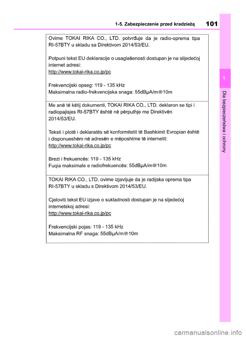 TOYOTA RAV4 2019  Instrukcja obsługi (in Polish) Dla bezpieczeƒstwa i ochrony
1-5. Zabezpieczenie przed kradzie˝à101
1
48 RAV4 HV OM42C86E  19/11/19  11:35  Page 101 