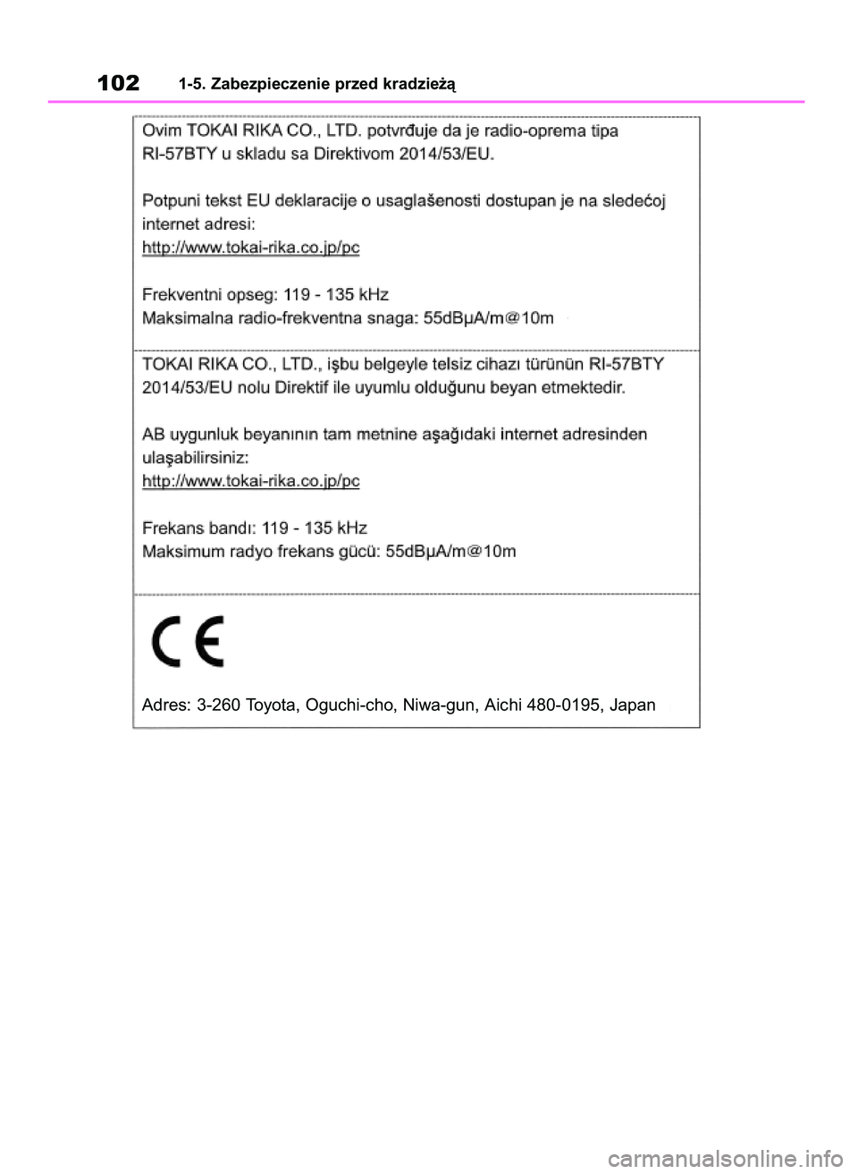 TOYOTA RAV4 2019  Instrukcja obsługi (in Polish) 1021-5. Zabezpieczenie przed kradzie˝à
Adres: 3-260 Toyota, Oguchi-cho, Niwa-gun, Aichi 480-0195, Japan
48 RAV4 HV OM42C86E  19/11/19  11:35  Page 102 