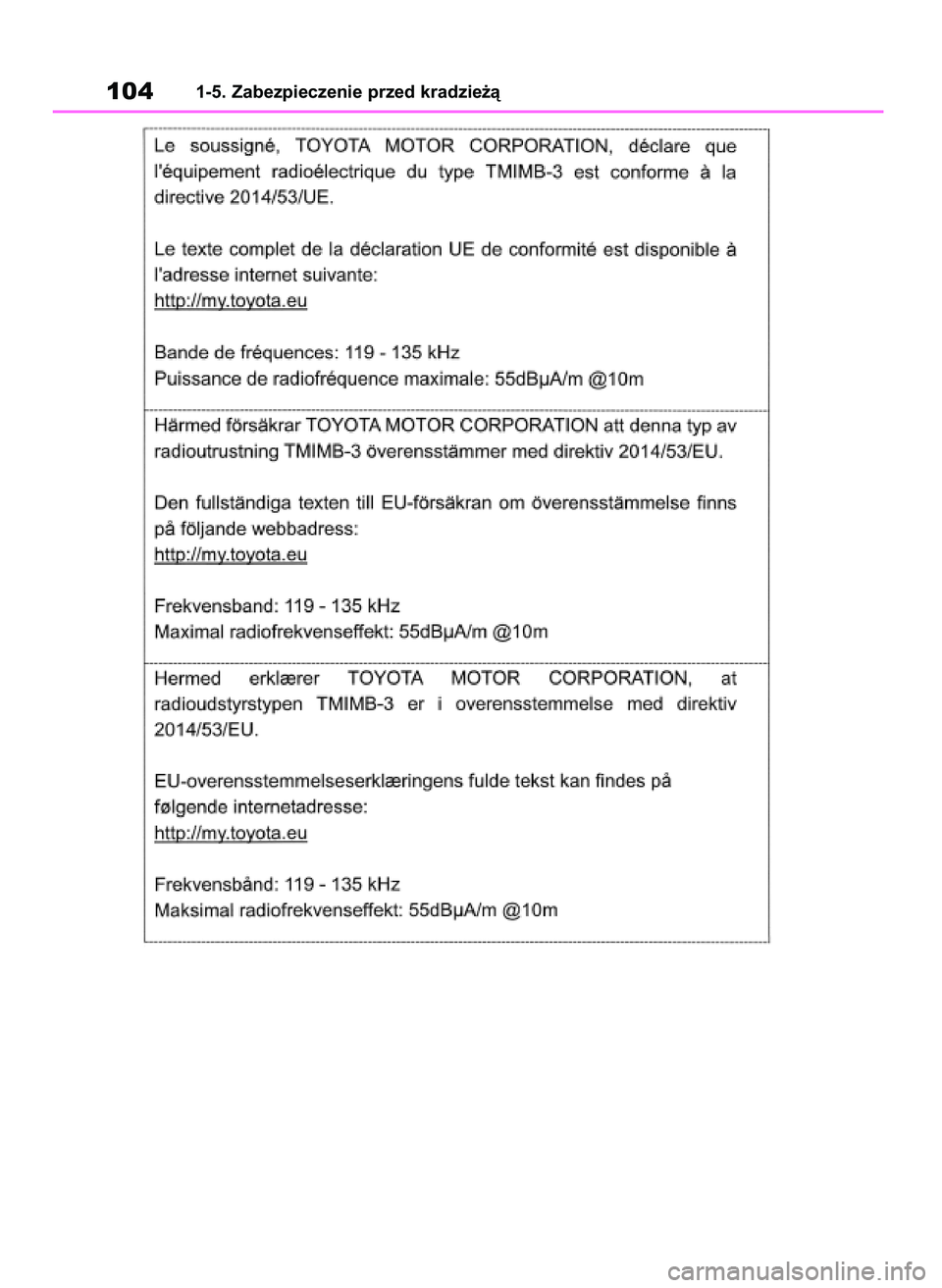 TOYOTA RAV4 2019  Instrukcja obsługi (in Polish) 1041-5. Zabezpieczenie przed kradzie˝à
48 RAV4 HV OM42C86E  19/11/19  11:35  Page 104 