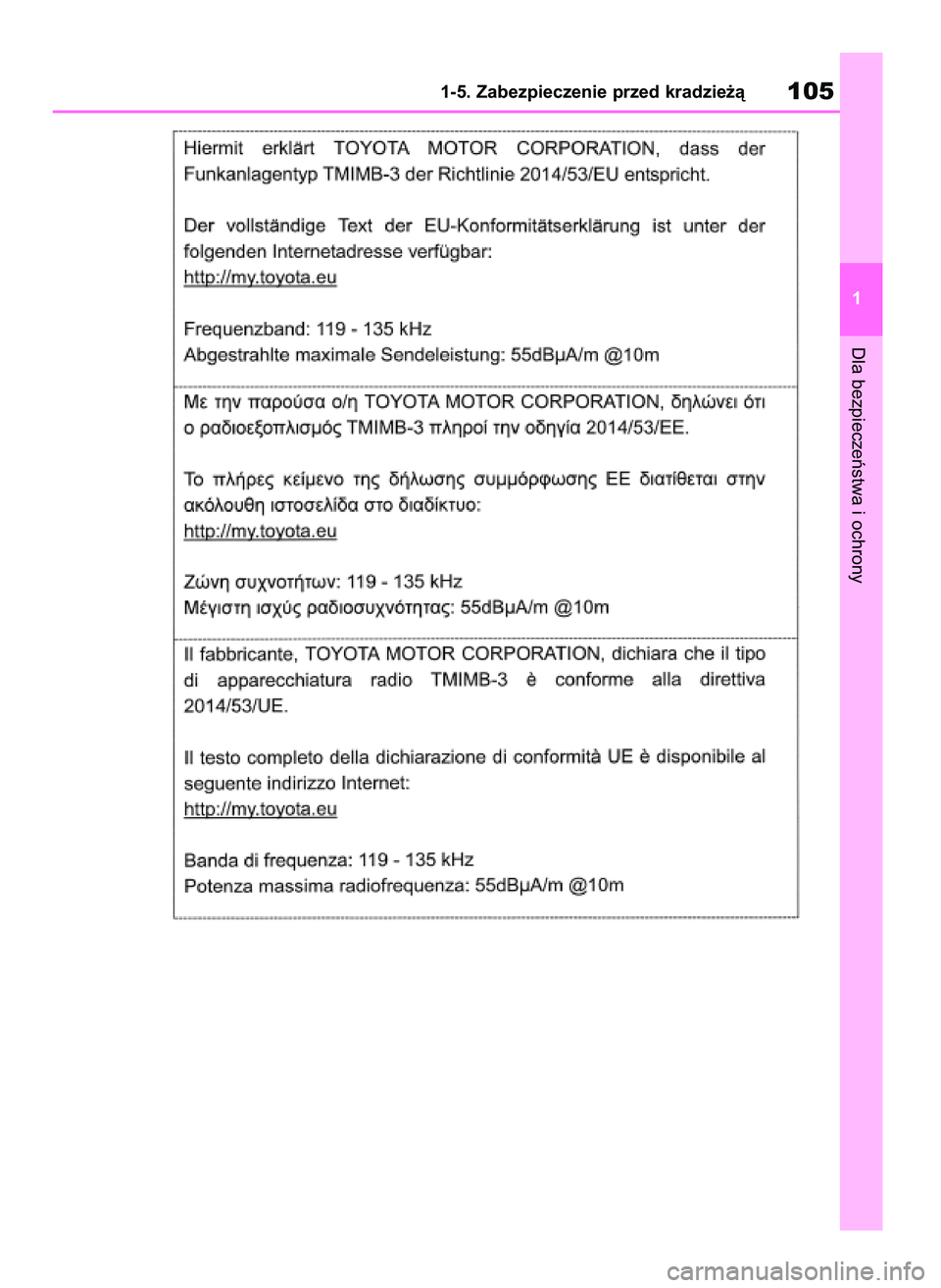 TOYOTA RAV4 2019  Instrukcja obsługi (in Polish) Dla bezpieczeƒstwa i ochrony
1-5. Zabezpieczenie przed kradzie˝à105
1
48 RAV4 HV OM42C86E  19/11/19  11:35  Page 105 