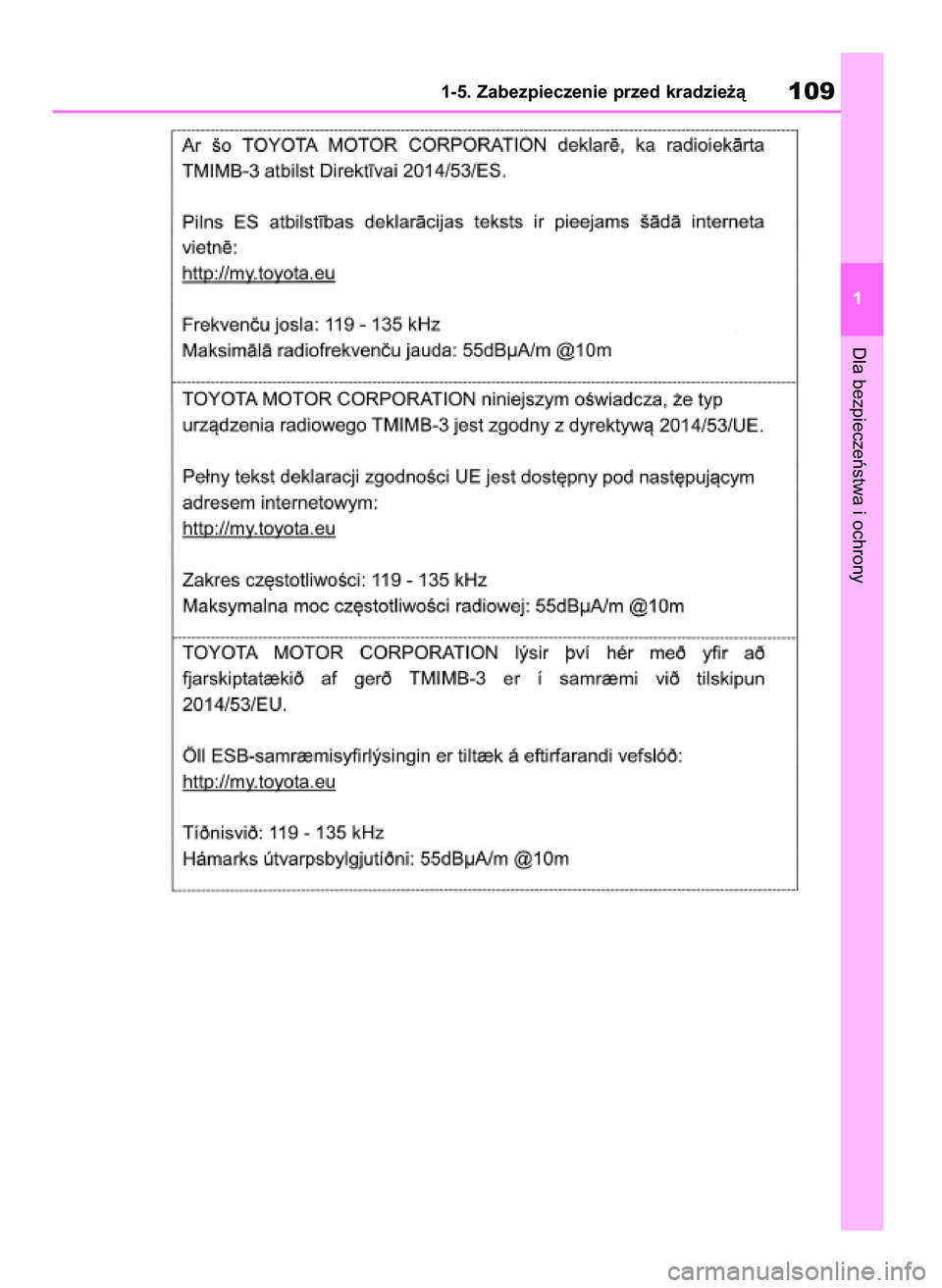 TOYOTA RAV4 2019  Instrukcja obsługi (in Polish) Dla bezpieczeƒstwa i ochrony
1-5. Zabezpieczenie przed kradzie˝à109
1
48 RAV4 HV OM42C86E  19/11/19  11:35  Page 109 