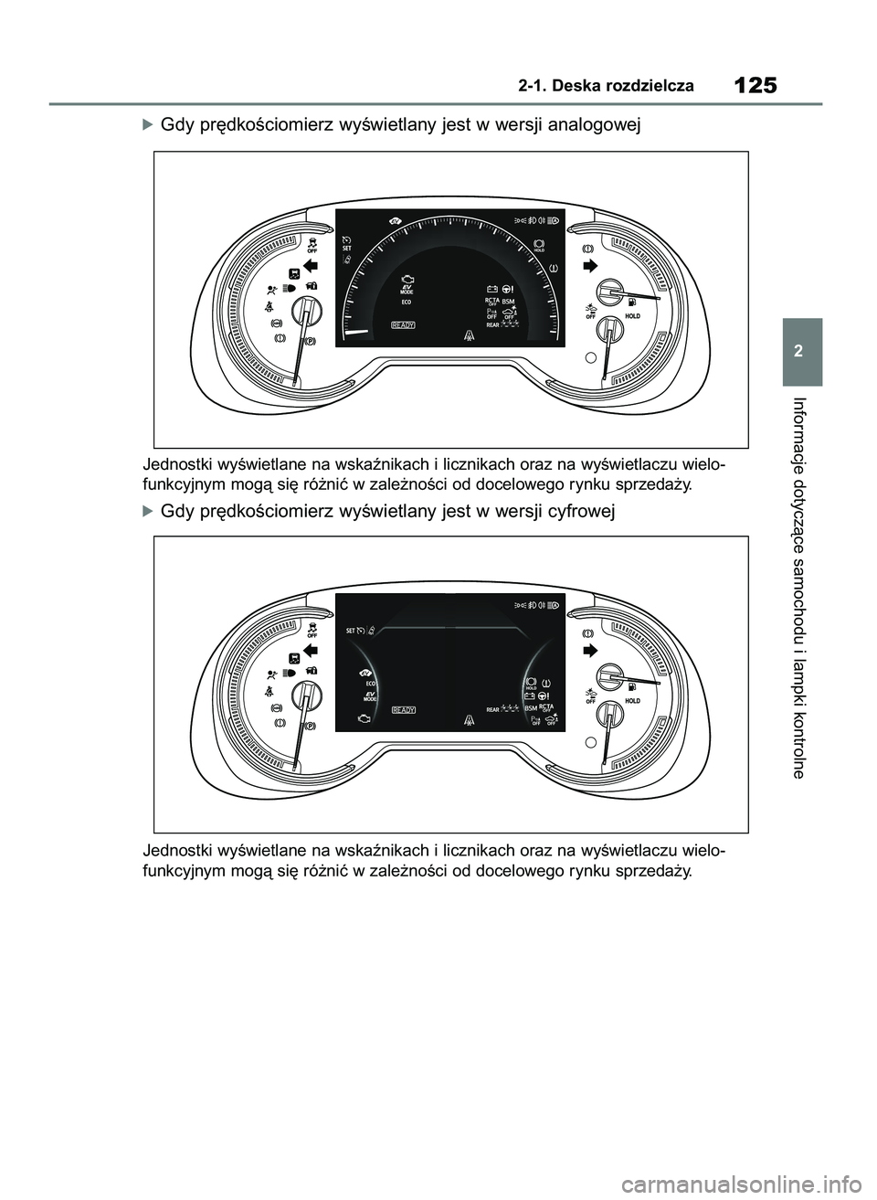 TOYOTA RAV4 2019  Instrukcja obsługi (in Polish) óGdy pr´dkoÊciomierz wyÊwietlany jest w wersji analogowej
Jednostki wyÊwietlane na wskaênikach i licznikach oraz na wyÊwietlaczu wielo-
funkcyjnym mogà si´ ró˝niç w zale˝noÊci od docelow