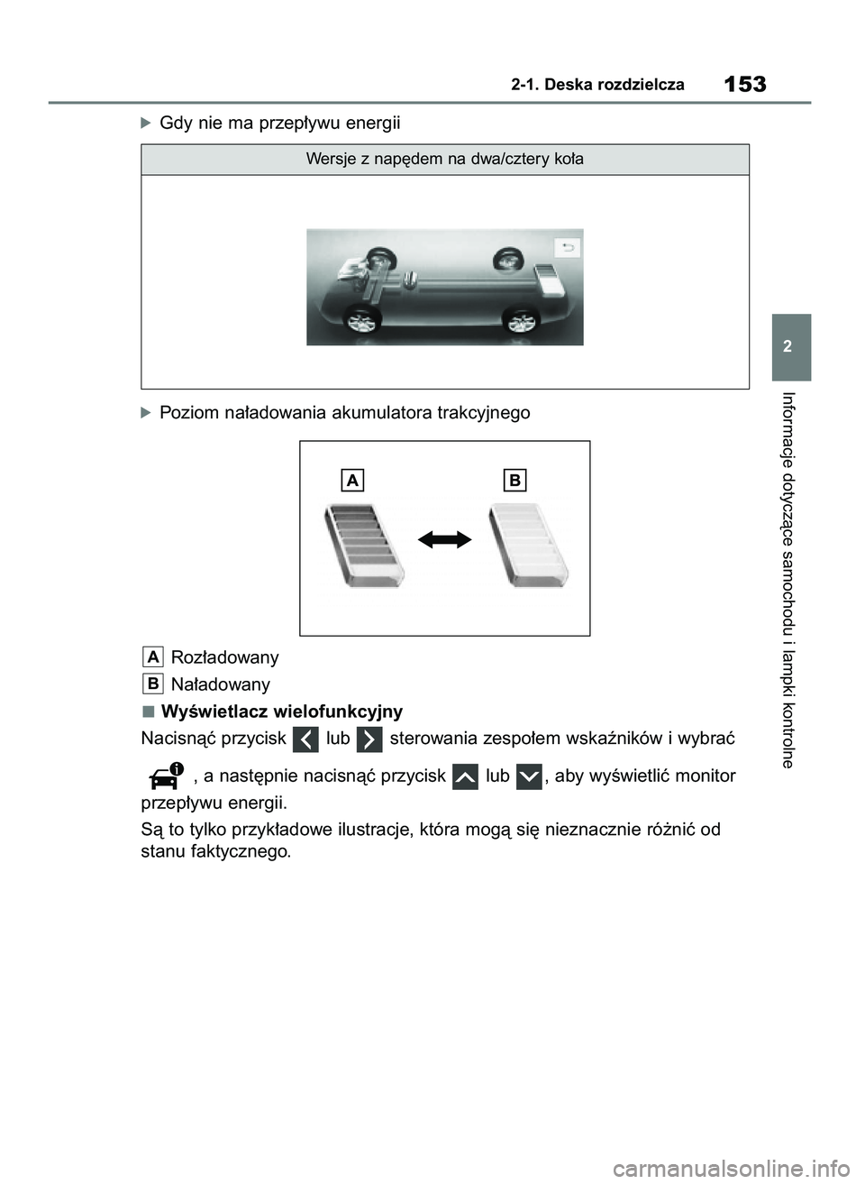 TOYOTA RAV4 2019  Instrukcja obsługi (in Polish) óGdy nie ma przep∏ywu energii
óPoziom na∏adowania akumulatora trakcyjnego
Roz∏adowany
Na∏adowany
WyÊwietlacz wielofunkcyjny
Nacisnàç przycisk  lub  sterowania zespo∏em wskaêników i wy