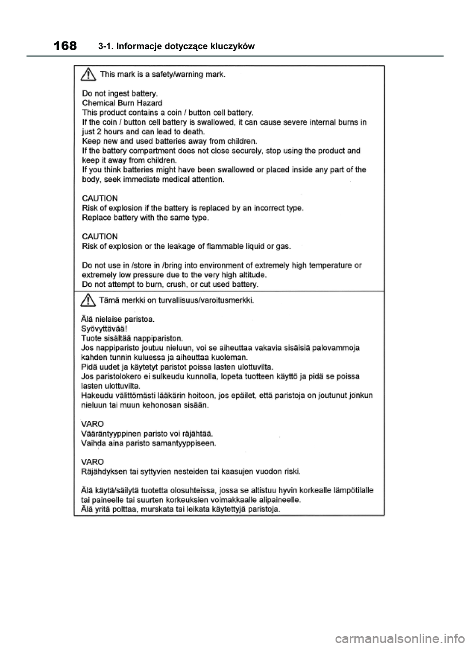 TOYOTA RAV4 2019  Instrukcja obsługi (in Polish) 1683-1. Informacje dotyczàce kluczyków
48 RAV4 HV OM42C86E  19/11/19  11:36  Page 168 