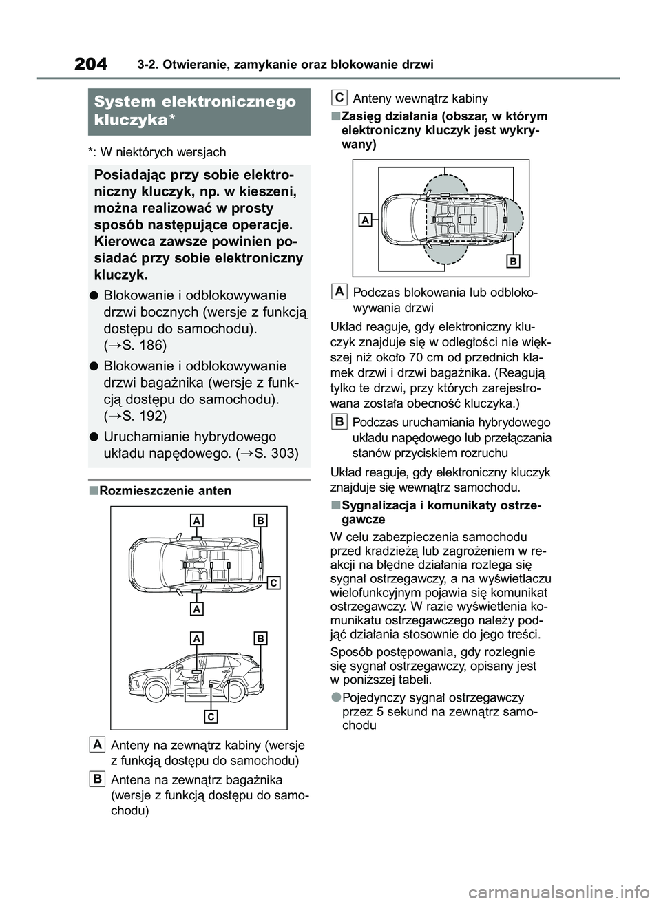 TOYOTA RAV4 2019 Instrukcja obsługi (in Polish) *: W niektórych wersjach
Rozmieszczenie anten
Anteny na zewnàtrz kabiny (wersje
z funkcjà dost´pu do samochodu)
Antena na zewnàtrz baga˝nika
(wersje z funkcjà dost´pu do samo-
chodu)Anteny wew TOYOTA RAV4 2019 Instrukcja obsługi (in Polish) *: W niektórych wersjach
Rozmieszczenie anten
Anteny na zewnàtrz kabiny (wersje
z funkcjà dost´pu do samochodu)
Antena na zewnàtrz baga˝nika
(wersje z funkcjà dost´pu do samo-
chodu)Anteny wew