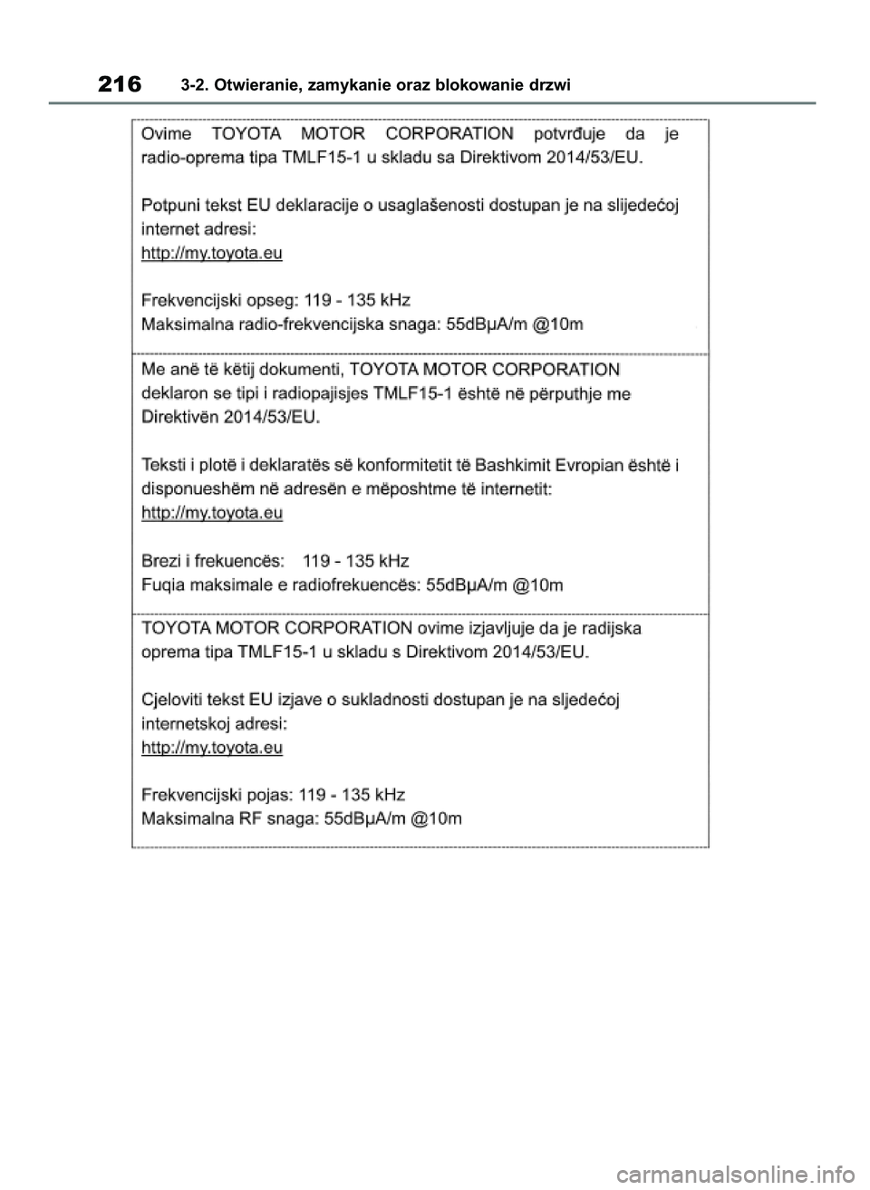 TOYOTA RAV4 2019 Instrukcja obsługi (in Polish) 2163-2. Otwieranie, zamykanie oraz blokowanie drzwi
48 RAV4 HV OM42C86E 19/11/19 11:37 Page 216 TOYOTA RAV4 2019 Instrukcja obsługi (in Polish) 2163-2. Otwieranie, zamykanie oraz blokowanie drzwi
48 RAV4 HV OM42C86E 19/11/19 11:37 Page 216
