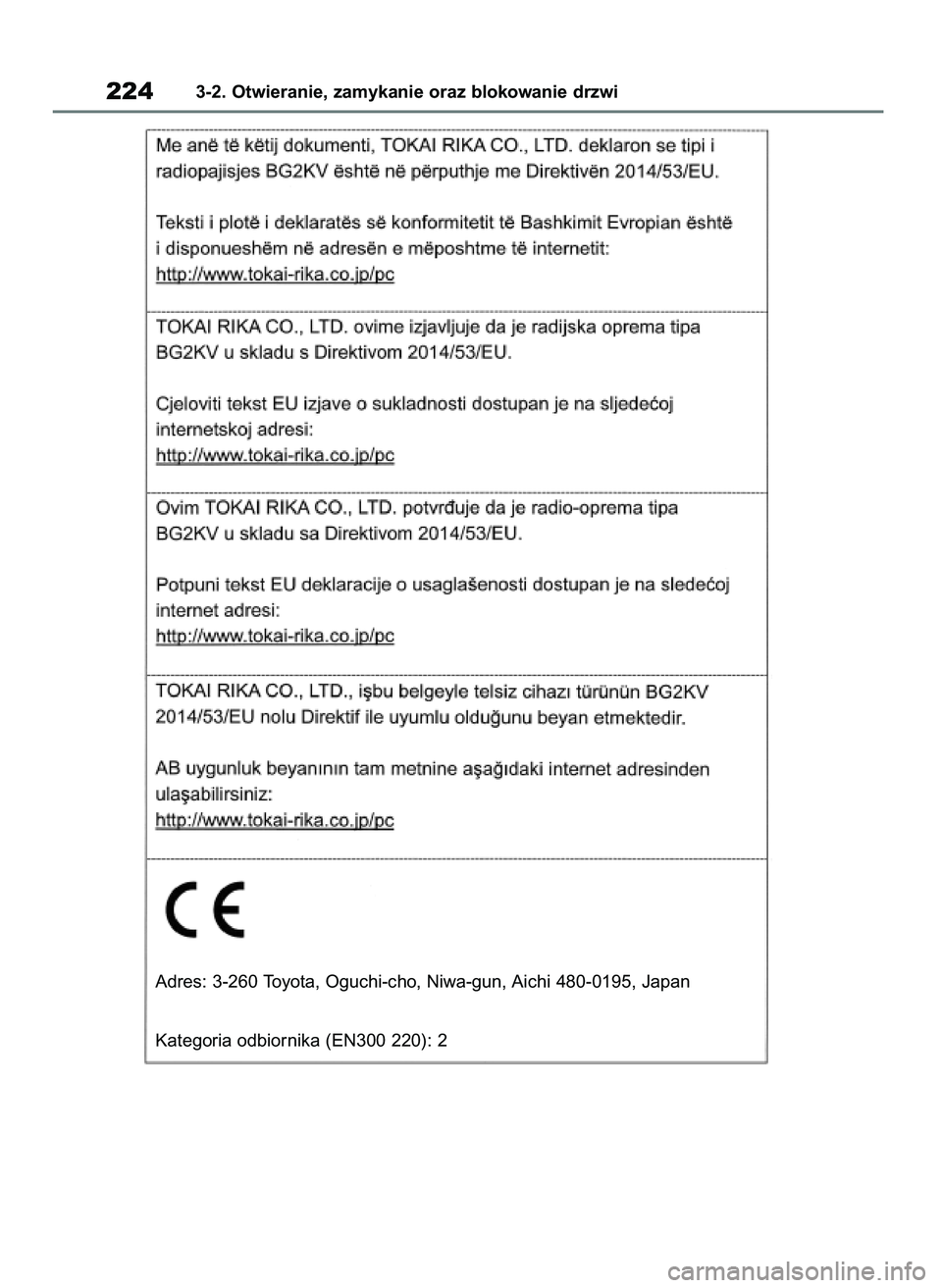 TOYOTA RAV4 2019 Instrukcja obsługi (in Polish) 2243-2. Otwieranie, zamykanie oraz blokowanie drzwi
Adres: 3-260 Toyota, Oguchi-cho, Niwa-gun, Aichi 480-0195, Japan
Kategoria odbiornika (EN300 220): 2
48 RAV4 HV OM42C86E 19/11/19 11:37 Page 224 TOYOTA RAV4 2019 Instrukcja obsługi (in Polish) 2243-2. Otwieranie, zamykanie oraz blokowanie drzwi
Adres: 3-260 Toyota, Oguchi-cho, Niwa-gun, Aichi 480-0195, Japan
Kategoria odbiornika (EN300 220): 2
48 RAV4 HV OM42C86E 19/11/19 11:37 Page 224