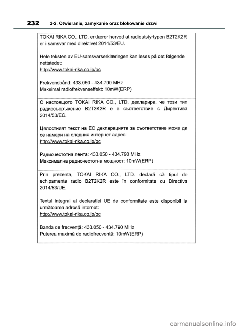 TOYOTA RAV4 2019  Instrukcja obsługi (in Polish) 2323-2. Otwieranie, zamykanie oraz blokowanie drzwi
48 RAV4 HV OM42C86E  19/11/19  11:37  Page 232 