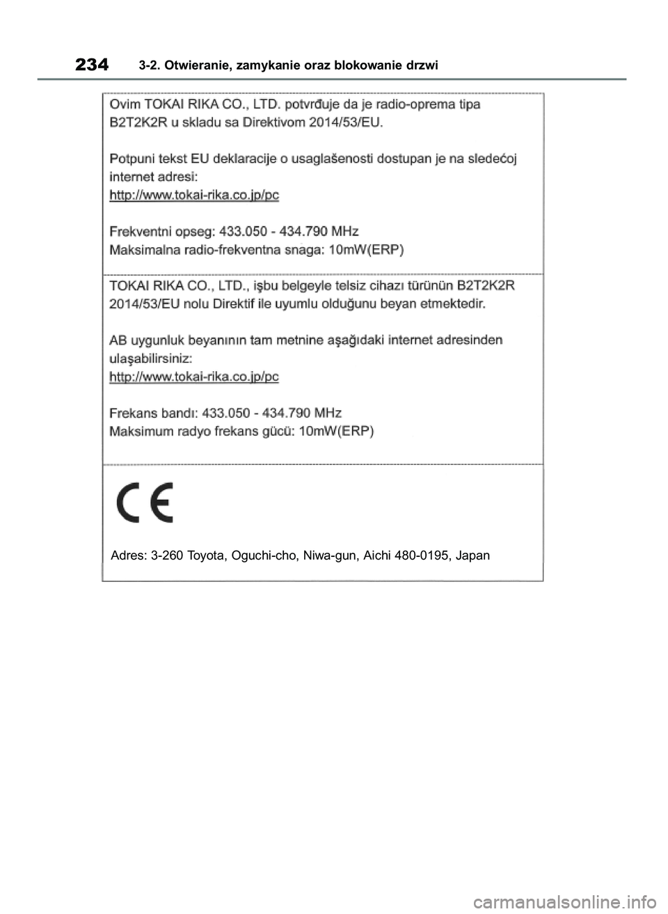 TOYOTA RAV4 2019  Instrukcja obsługi (in Polish) 2343-2. Otwieranie, zamykanie oraz blokowanie drzwi
Adres: 3-260 Toyota, Oguchi-cho, Niwa-gun, Aichi 480-0195, Japan
48 RAV4 HV OM42C86E  19/11/19  11:37  Page 234 