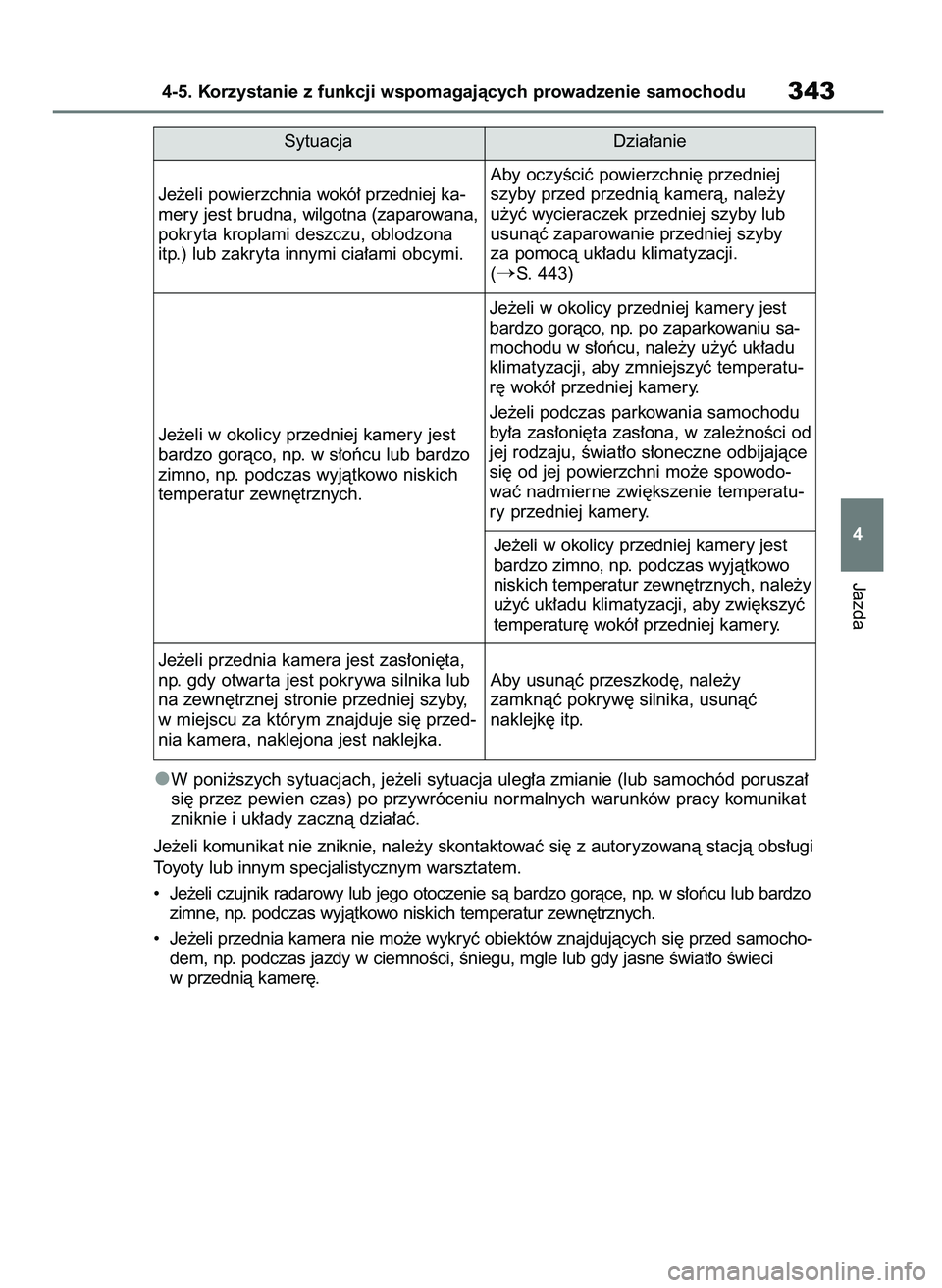 TOYOTA RAV4 2019  Instrukcja obsługi (in Polish) W poni˝szych sytuacjach, je˝eli sytuacja uleg∏a zmianie (lub samochód porusza∏
si´ przez pewien czas) po przywróceniu normalnych warunków pracy komunikat
zniknie i uk∏ady zacznà dzia∏a