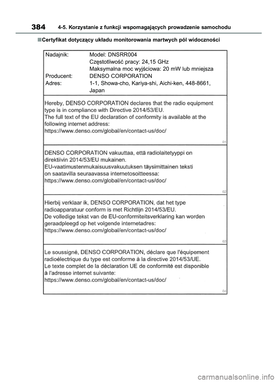 TOYOTA RAV4 2019 Instrukcja obsługi (in Polish) Certyfikat dotyczàcy uk∏adu monitorowania martwych pól widocznoÊci
3844-5. Korzystanie z funkcji wspomagajàcych prowadzenie samochodu
Nadajnik: Model: DNSRR004
Cz´stotliwoÊç pracy: 24,15 GHz
TOYOTA RAV4 2019 Instrukcja obsługi (in Polish) Certyfikat dotyczàcy uk∏adu monitorowania martwych pól widocznoÊci
3844-5. Korzystanie z funkcji wspomagajàcych prowadzenie samochodu
Nadajnik: Model: DNSRR004
Cz´stotliwoÊç pracy: 24,15 GHz