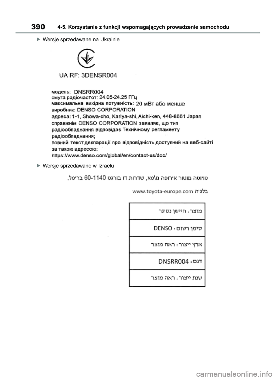 TOYOTA RAV4 2019 Instrukcja obsługi (in Polish) óWersje sprzedawane na Ukrainie
óWersje sprzedawane w Izraelu
3904-5. Korzystanie z funkcji wspomagajàcych prowadzenie samochodu
48 RAV4 HV OM42C86E 19/11/19 11:39 Page 390 TOYOTA RAV4 2019 Instrukcja obsługi (in Polish) óWersje sprzedawane na Ukrainie
óWersje sprzedawane w Izraelu
3904-5. Korzystanie z funkcji wspomagajàcych prowadzenie samochodu
48 RAV4 HV OM42C86E 19/11/19 11:39 Page 390