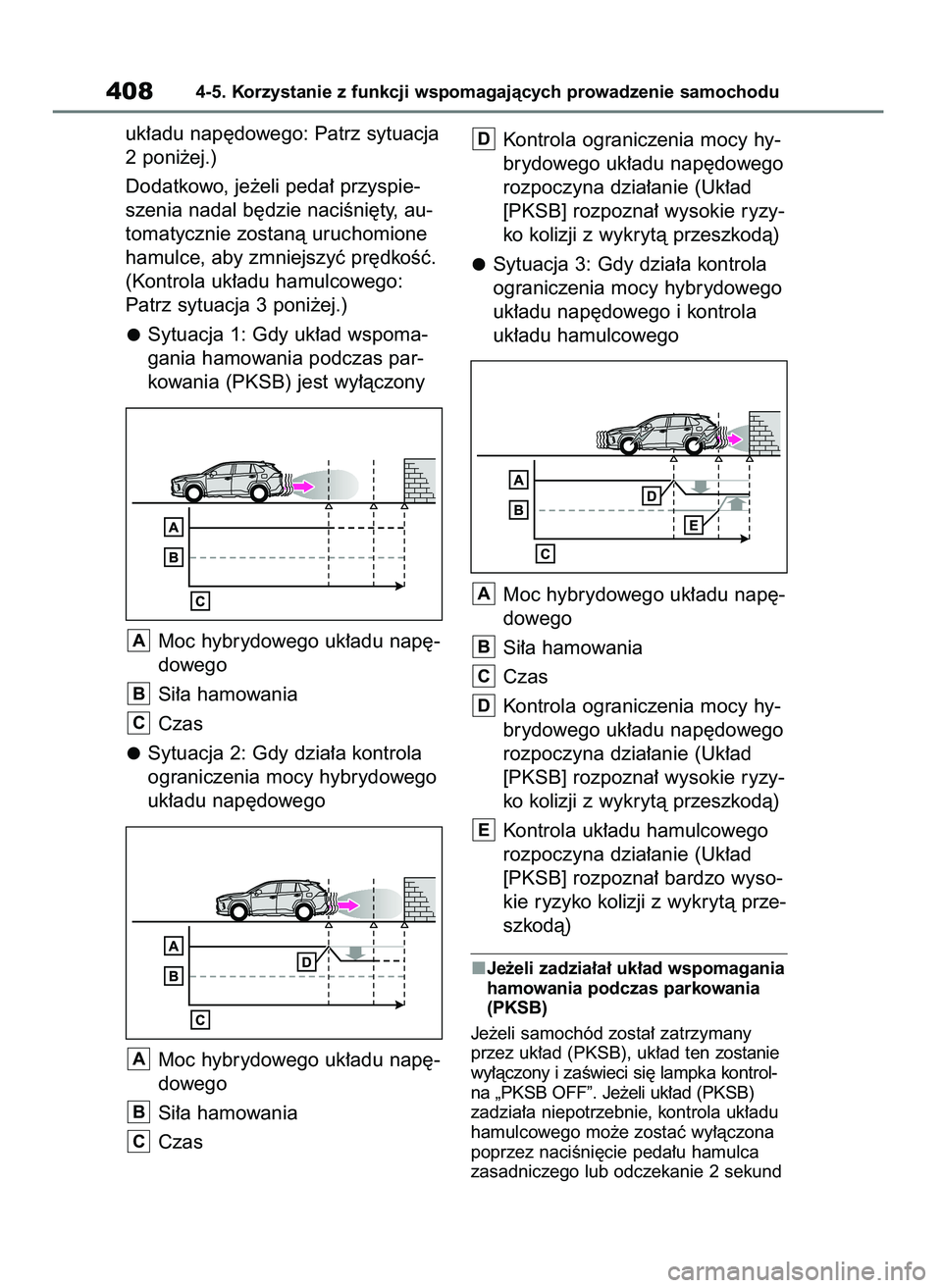 TOYOTA RAV4 2019  Instrukcja obsługi (in Polish) uk∏adu nap´dowego: Patrz sytuacja
2 poni˝ej.)
Dodatkowo, je˝eli peda∏ przyspie-
szenia nadal b´dzie naciÊni´ty, au-
tomatycznie zostanà uruchomione
hamulce, aby zmniejszyç pr´dkoÊç.
(Ko