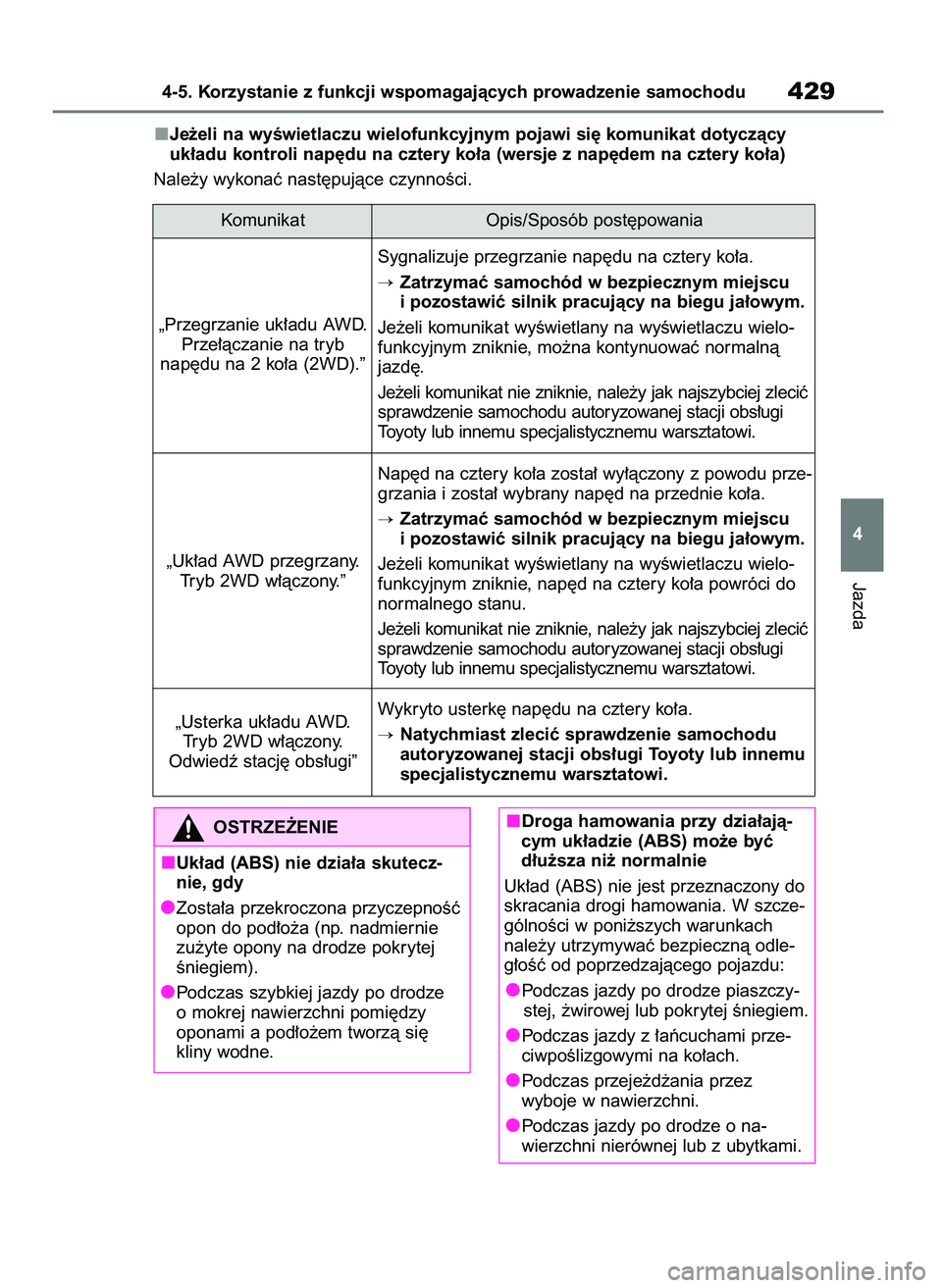 TOYOTA RAV4 2019  Instrukcja obsługi (in Polish) Je˝eli na wyÊwietlaczu wielofunkcyjnym pojawi si´ komunikat dotyczàcy
uk∏adu kontroli nap´du na cztery ko∏a (wersje z nap´dem na cztery ko∏a)
Nale˝y wykonaç nast´pujàce czynnoÊci.
Jaz