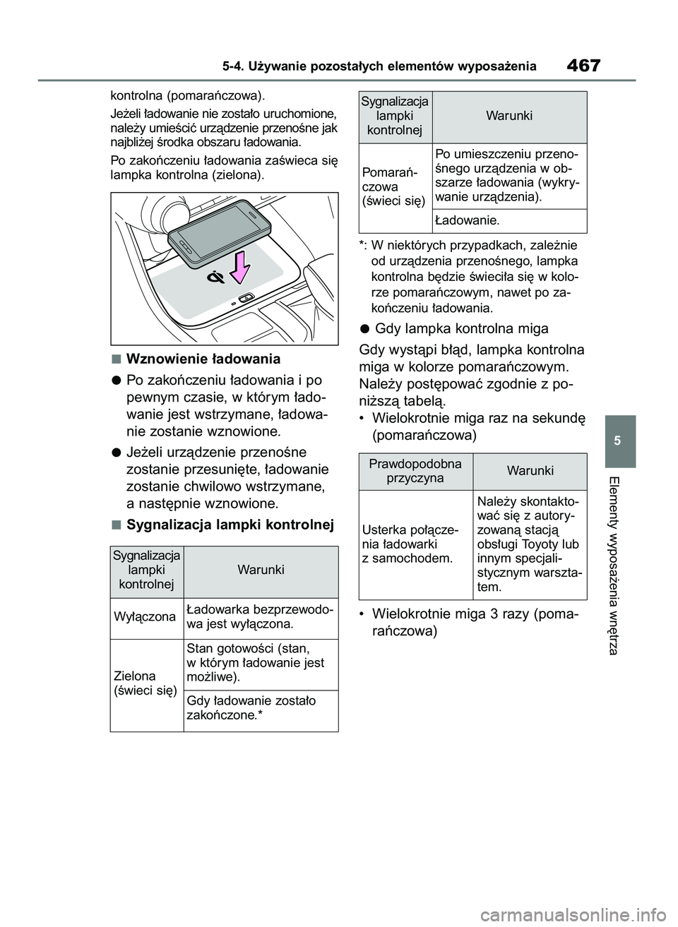 TOYOTA RAV4 2019  Instrukcja obsługi (in Polish) kontrolna (pomaraƒczowa).
Je˝eli ∏adowanie nie zosta∏o uruchomione,
nale˝y umieÊciç urzàdzenie przenoÊne jak
najbli˝ej Êrodka obszaru ∏adowania.
Po zakoƒczeniu ∏adowania zaÊwieca si