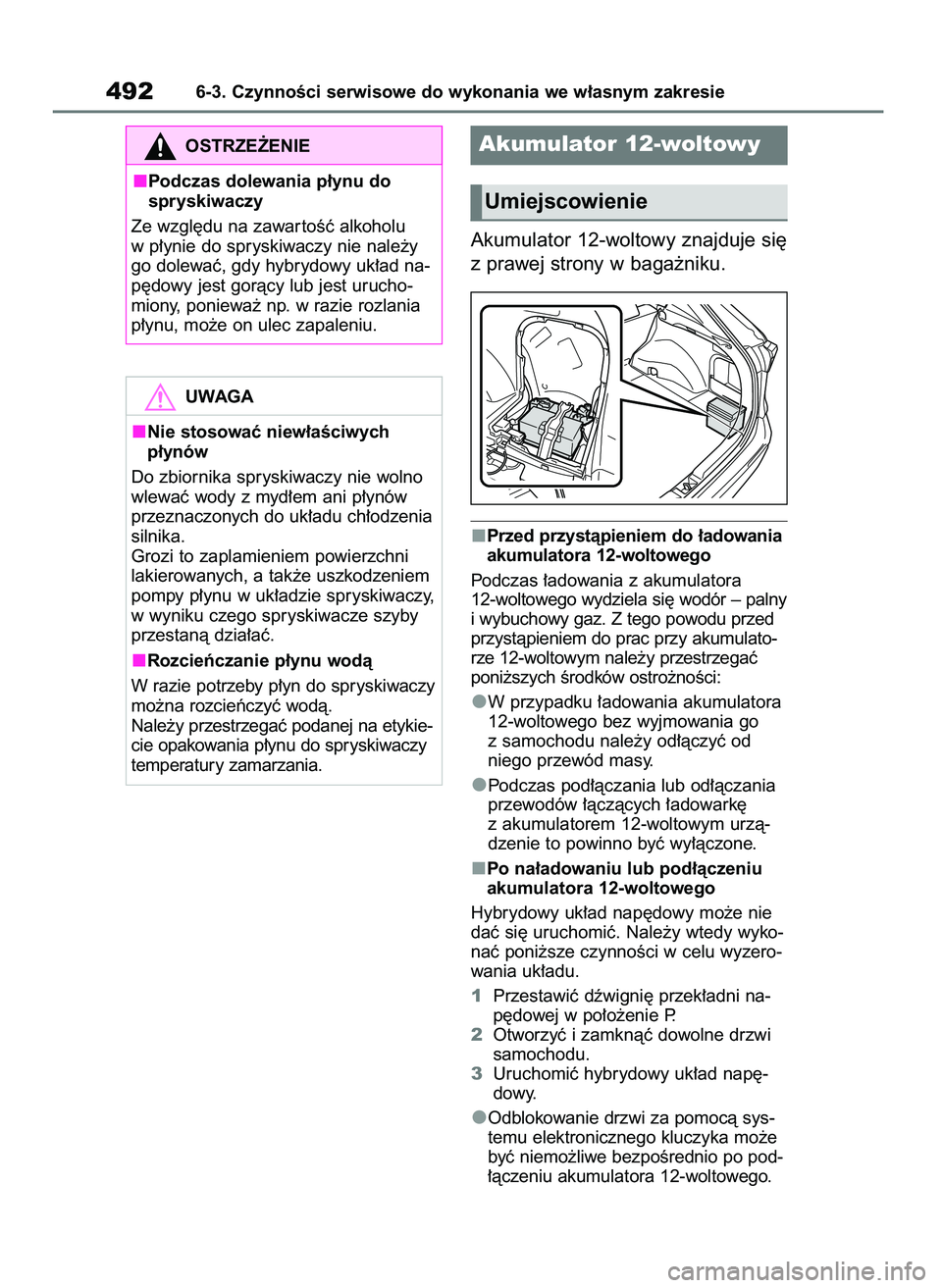TOYOTA RAV4 2019  Instrukcja obsługi (in Polish) Akumulator 12-woltowy znajduje si´
z prawej strony w baga˝niku.
Przed przystàpieniem do ∏adowania
akumulatora 12-woltowego
Podczas ∏adowania z akumulatora 
12-woltowego wydziela si´ wodór –