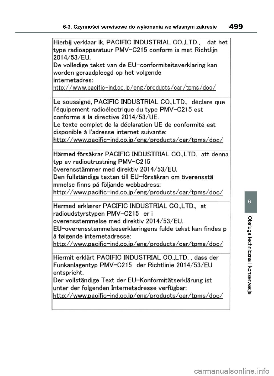 TOYOTA RAV4 2019  Instrukcja obsługi (in Polish) Obs∏uga techniczna i konserwacja
6-3. CzynnoÊci serwisowe do wykonania we w∏asnym zakresie499
6
48 RAV4 HV OM42C86E  19/11/19  11:40  Page 499 