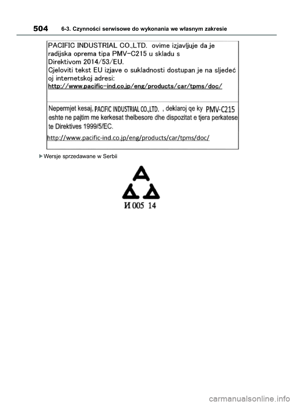 TOYOTA RAV4 2019  Instrukcja obsługi (in Polish) óWersje sprzedawane w Serbii
5046-3. CzynnoÊci serwisowe do wykonania we w∏asnym zakresie
48 RAV4 HV OM42C86E  19/11/19  11:40  Page 504 