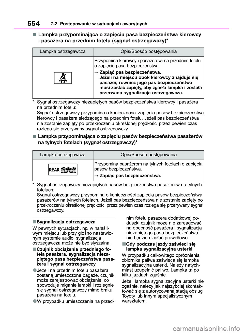 TOYOTA RAV4 2019 Instrukcja obsługi (in Polish) Sygnalizacja ostrzegawcza
W pewnych sytuacjach, np. w ha∏aÊli-
wym miejscu lub przy g∏oÊno nastawio-
nym systemie audio, sygnalizacja
ostrzegawcza mo˝e nie byç s∏yszalna.
Czujnik obcià˝eni TOYOTA RAV4 2019 Instrukcja obsługi (in Polish) Sygnalizacja ostrzegawcza
W pewnych sytuacjach, np. w ha∏aÊli-
wym miejscu lub przy g∏oÊno nastawio-
nym systemie audio, sygnalizacja
ostrzegawcza mo˝e nie byç s∏yszalna.
Czujnik obcià˝eni