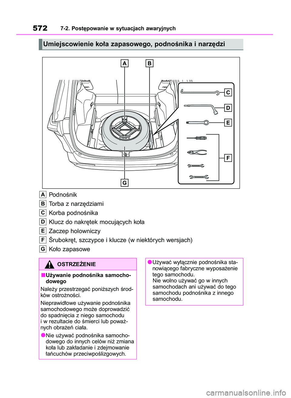 TOYOTA RAV4 2019  Instrukcja obsługi (in Polish) PodnoÊnik
Torba z narz´dziami
Korba podnoÊnika
Klucz do nakr´tek mocujàcych ko∏a
Zaczep holowniczy
Ârubokr´t, szczypce i klucze (w niektórych wersjach)
Ko∏o zapasowe
G
F
E
D
C
B
A
5727-2. 
