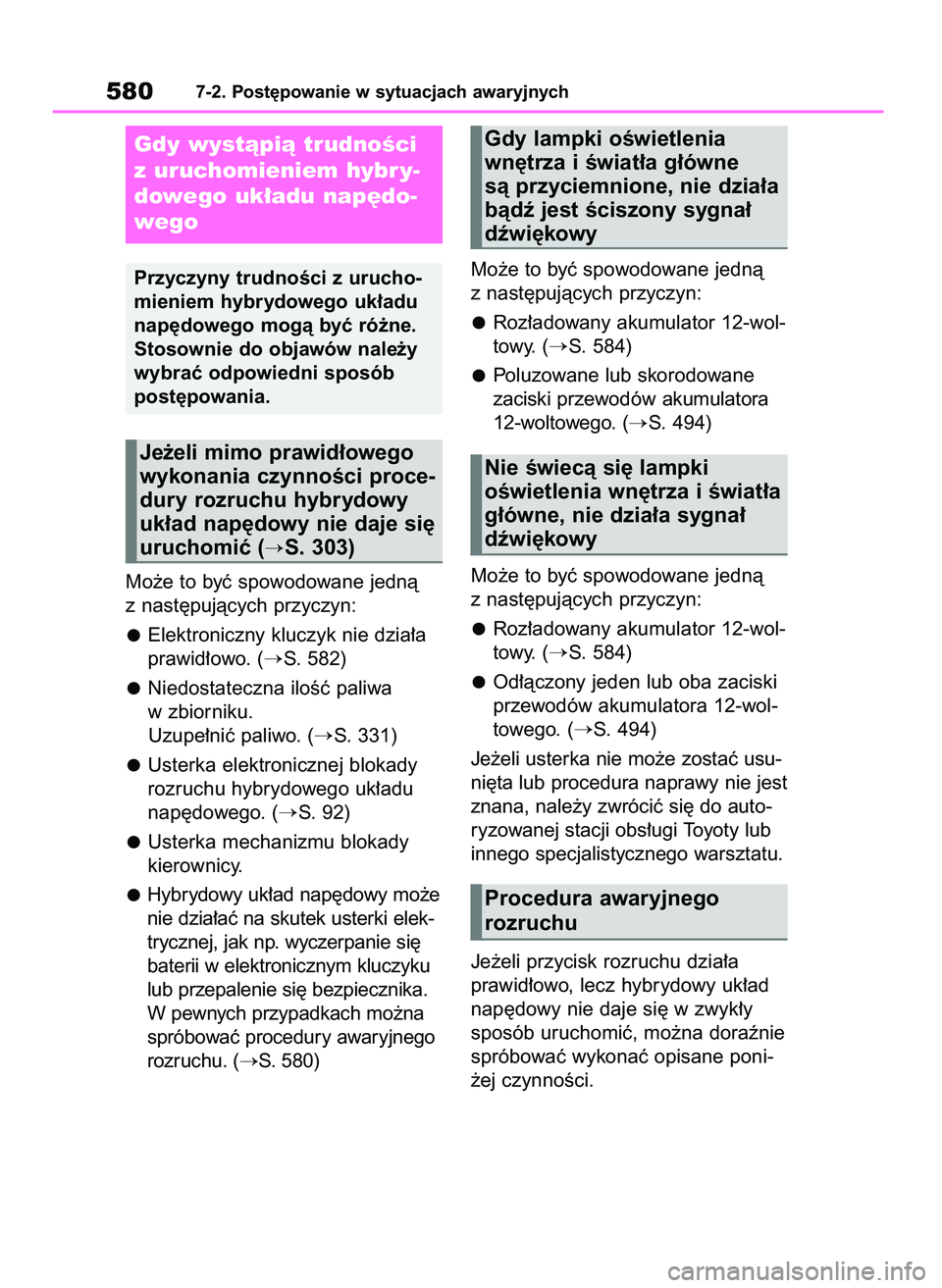 TOYOTA RAV4 2019  Instrukcja obsługi (in Polish) Mo˝e to byç spowodowane jednà
z nast´pujàcych przyczyn:
Elektroniczny kluczyk nie dzia∏a
prawid∏owo. (
S. 582)
Niedostateczna iloÊç paliwa
w zbiorniku.
Uzupe∏niç paliwo. (
S. 331)
Uste